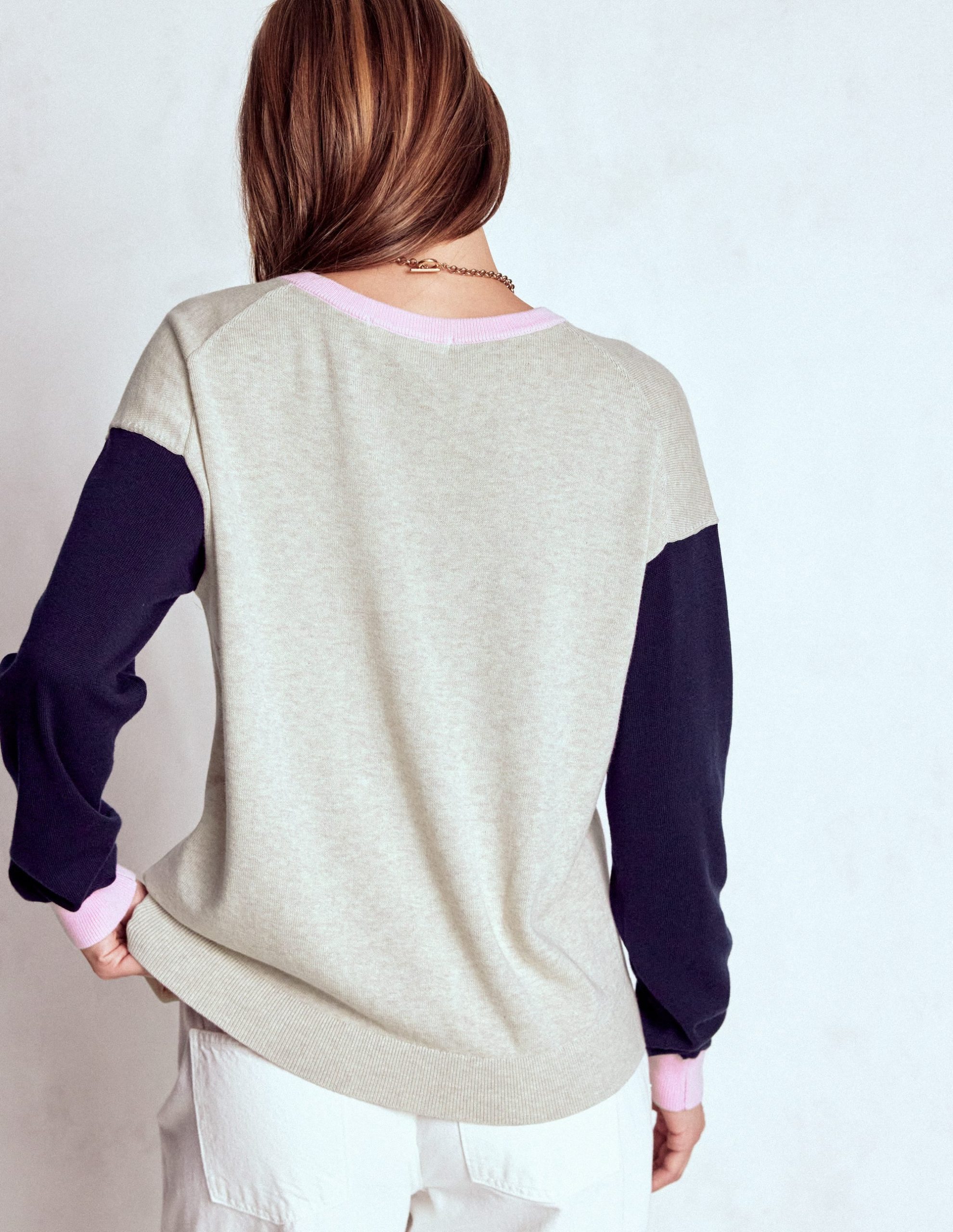 Lara Relaxed Cotton Cardigan-Oatmeal Melange. Navy - Image 3