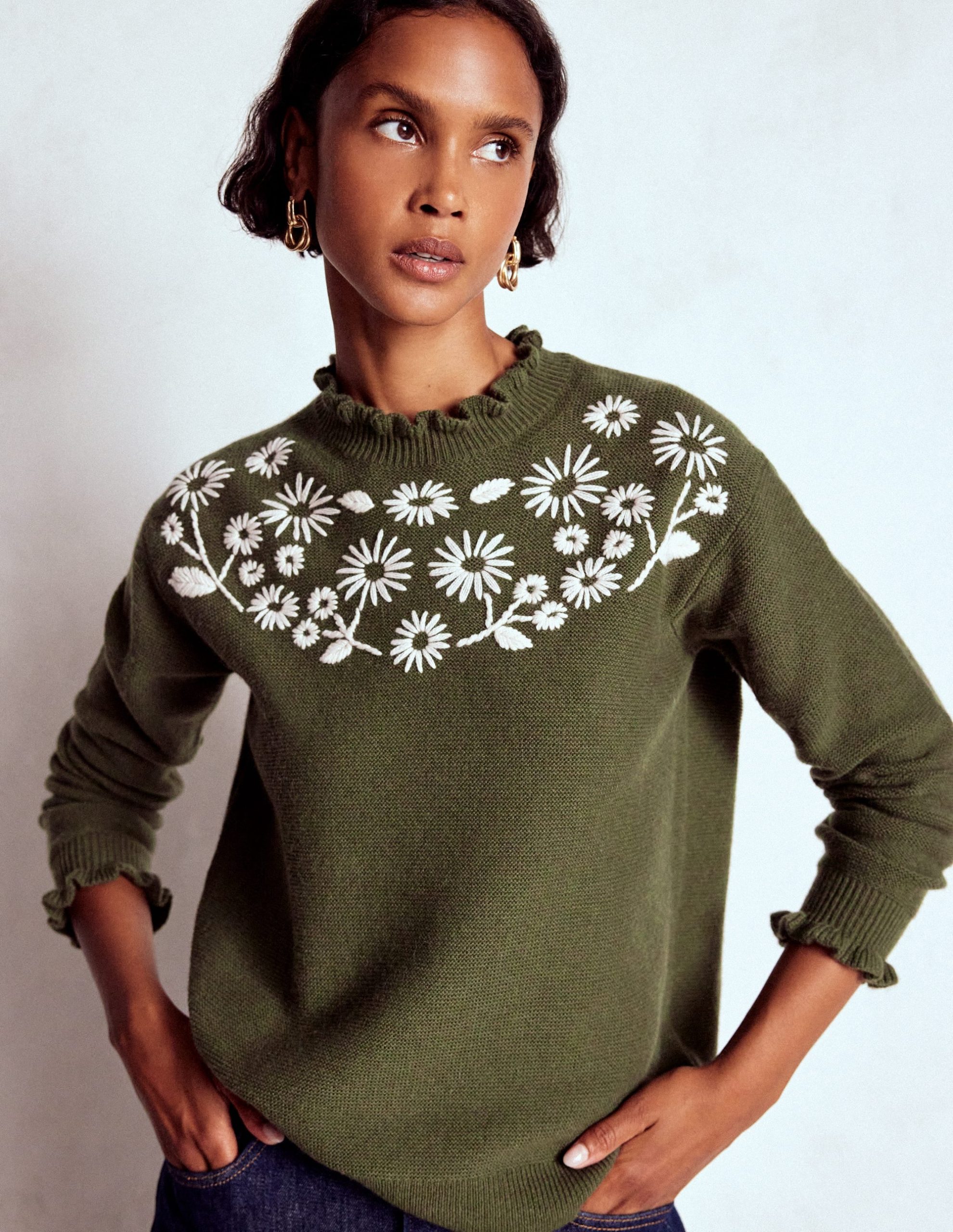 Embroidered Frill Sweater-Woodland Green Melange - Image 2