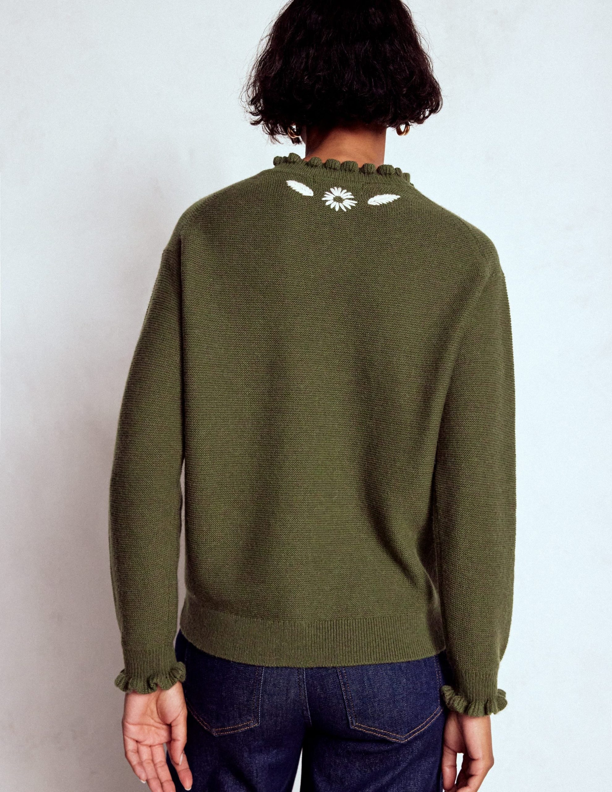Embroidered Frill Sweater-Woodland Green Melange - Image 3