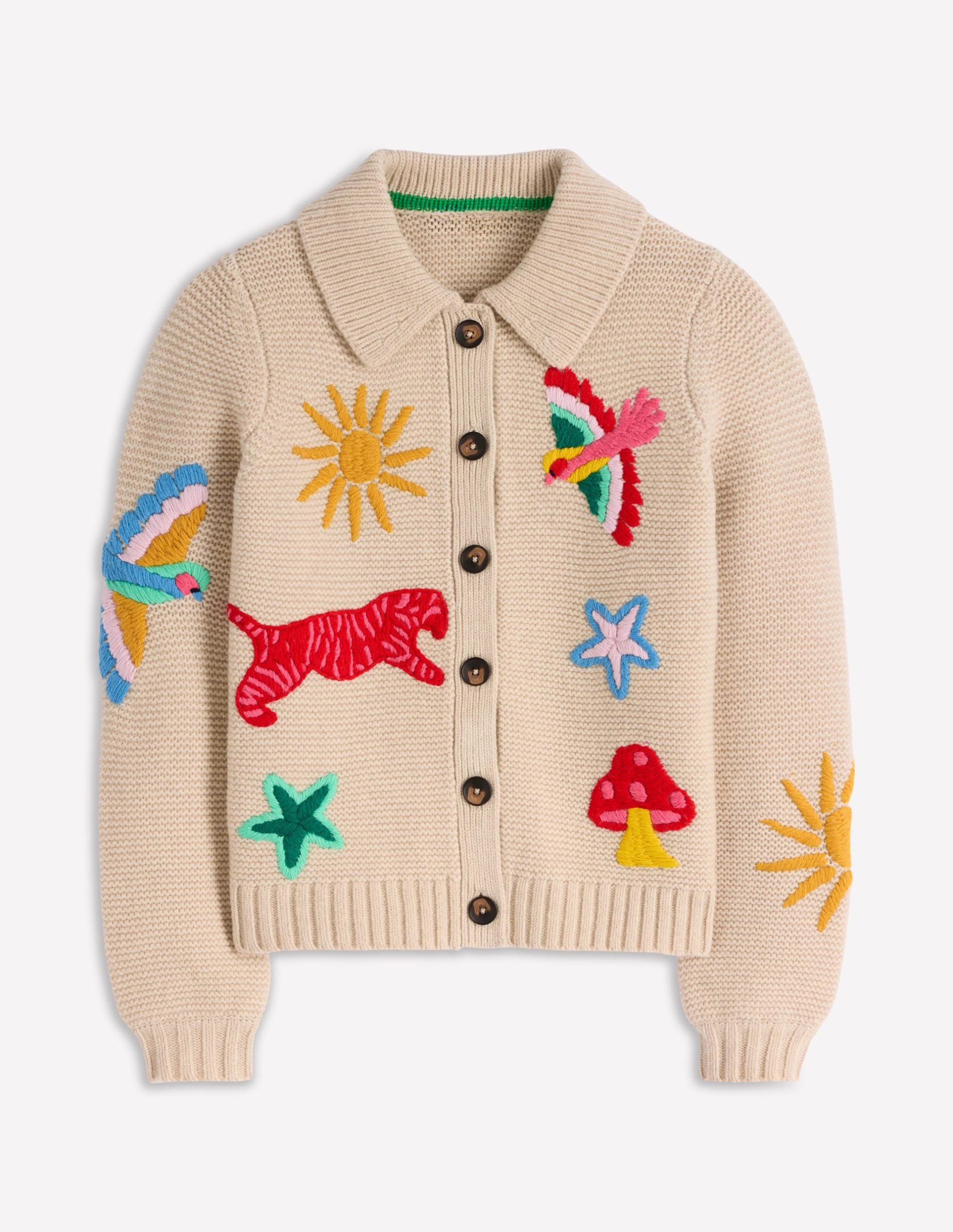 Embroidered Collared Cardigan-Ecru Marl - Image 7