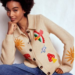 Embroidered Collared Cardigan-Ecru Marl