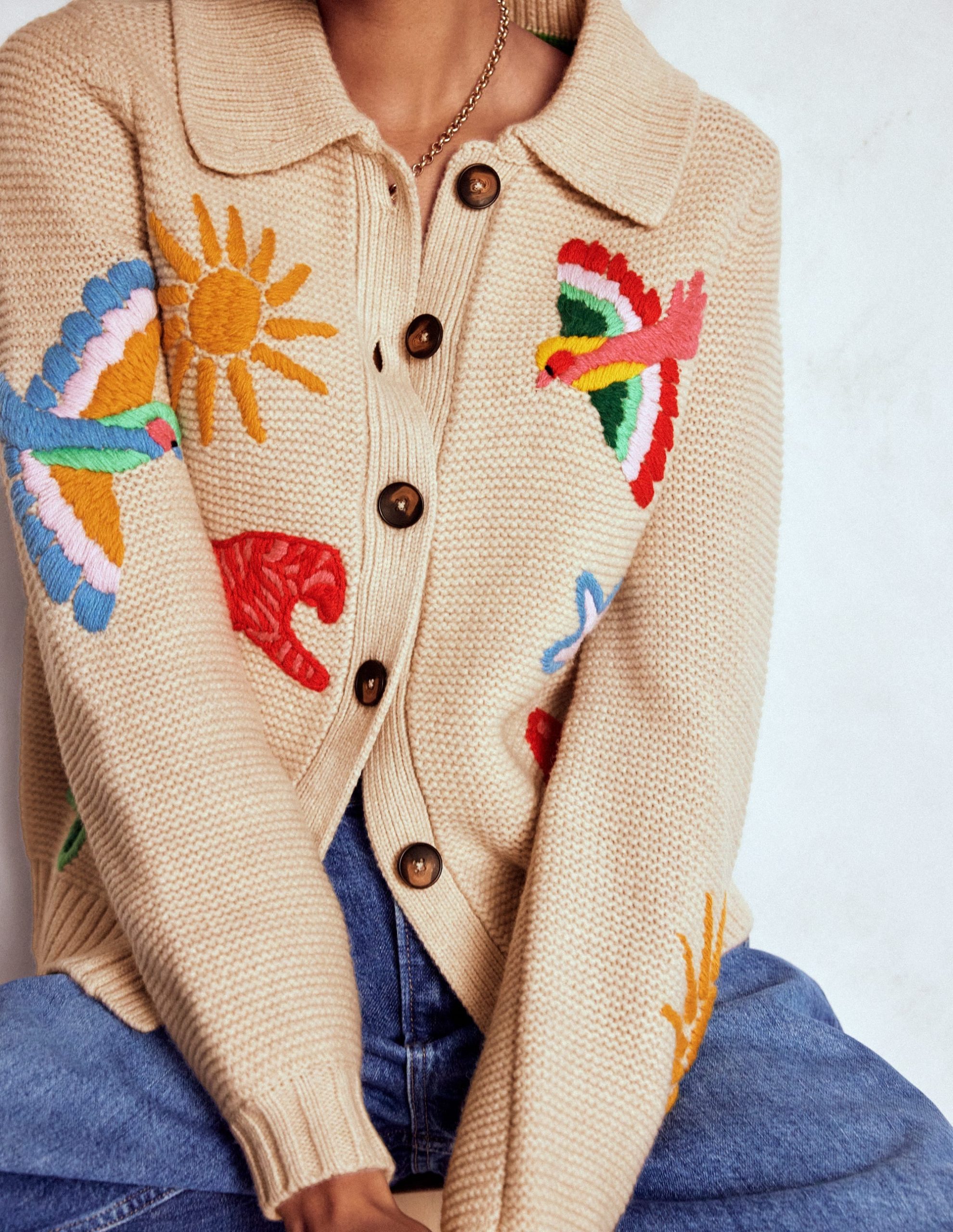 Embroidered Collared Cardigan-Ecru Marl - Image 5