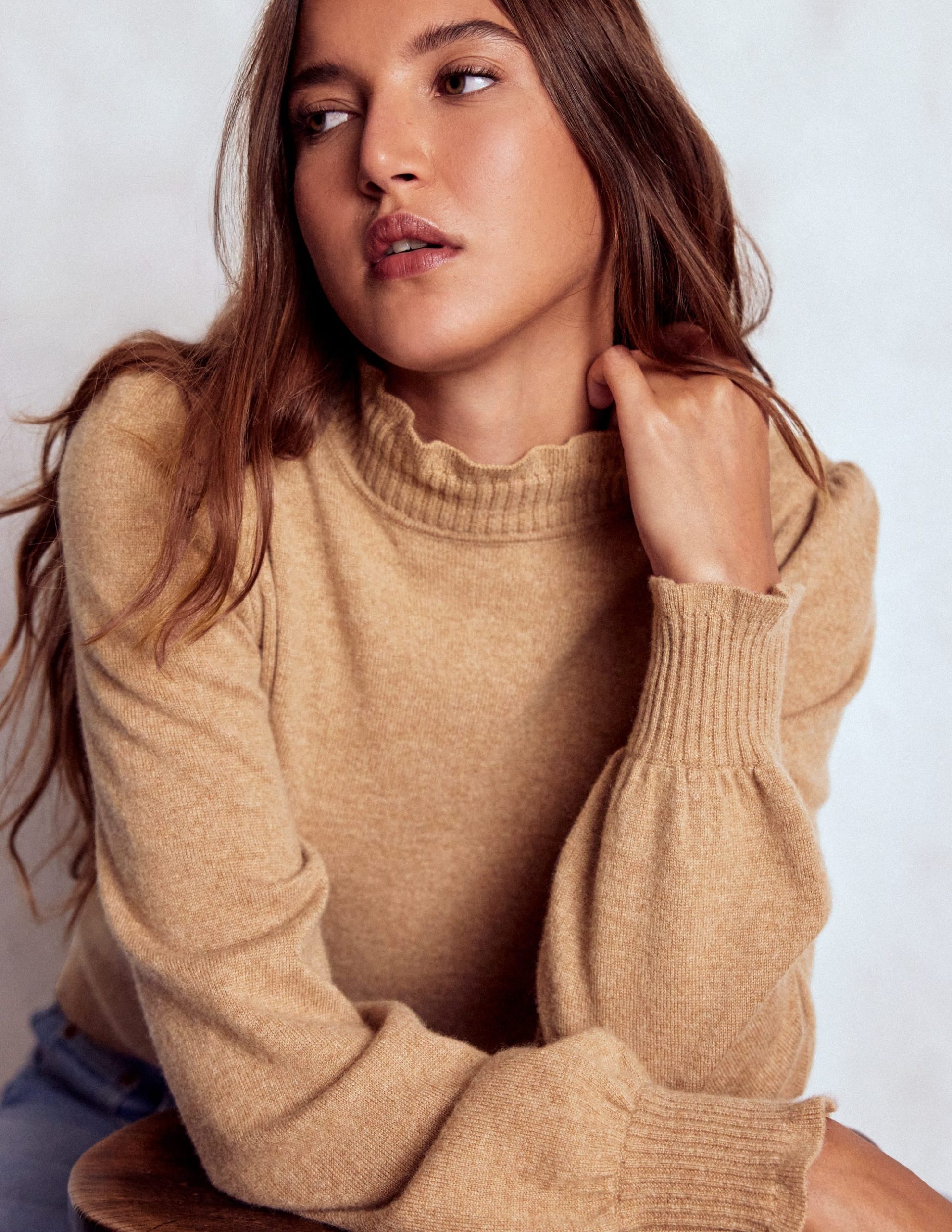 Frill Trim Cashmere Sweater-Camel Melange - Image 2