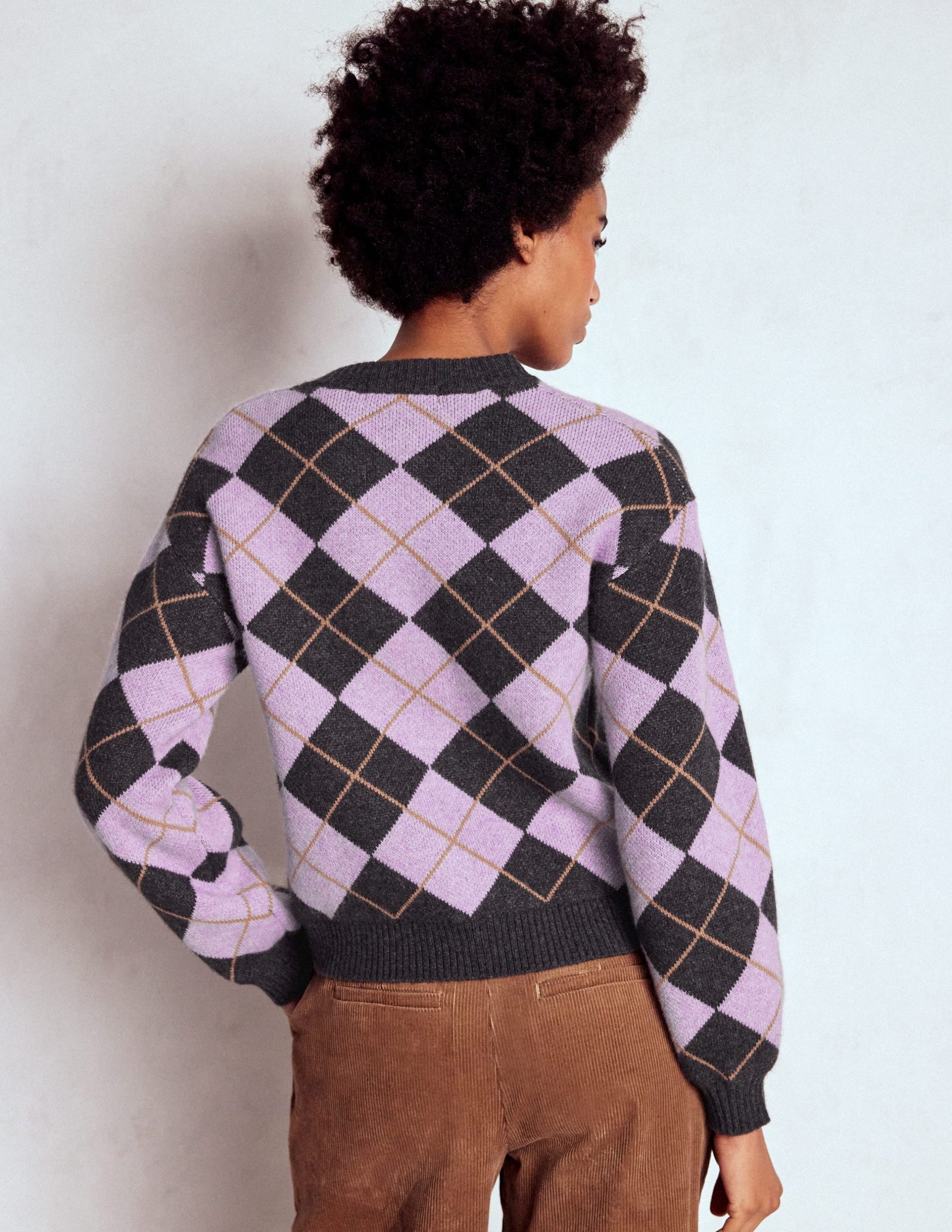 Abi Jacquard Cardigan-Lilac. Charcoal Melange Argyle - Image 3