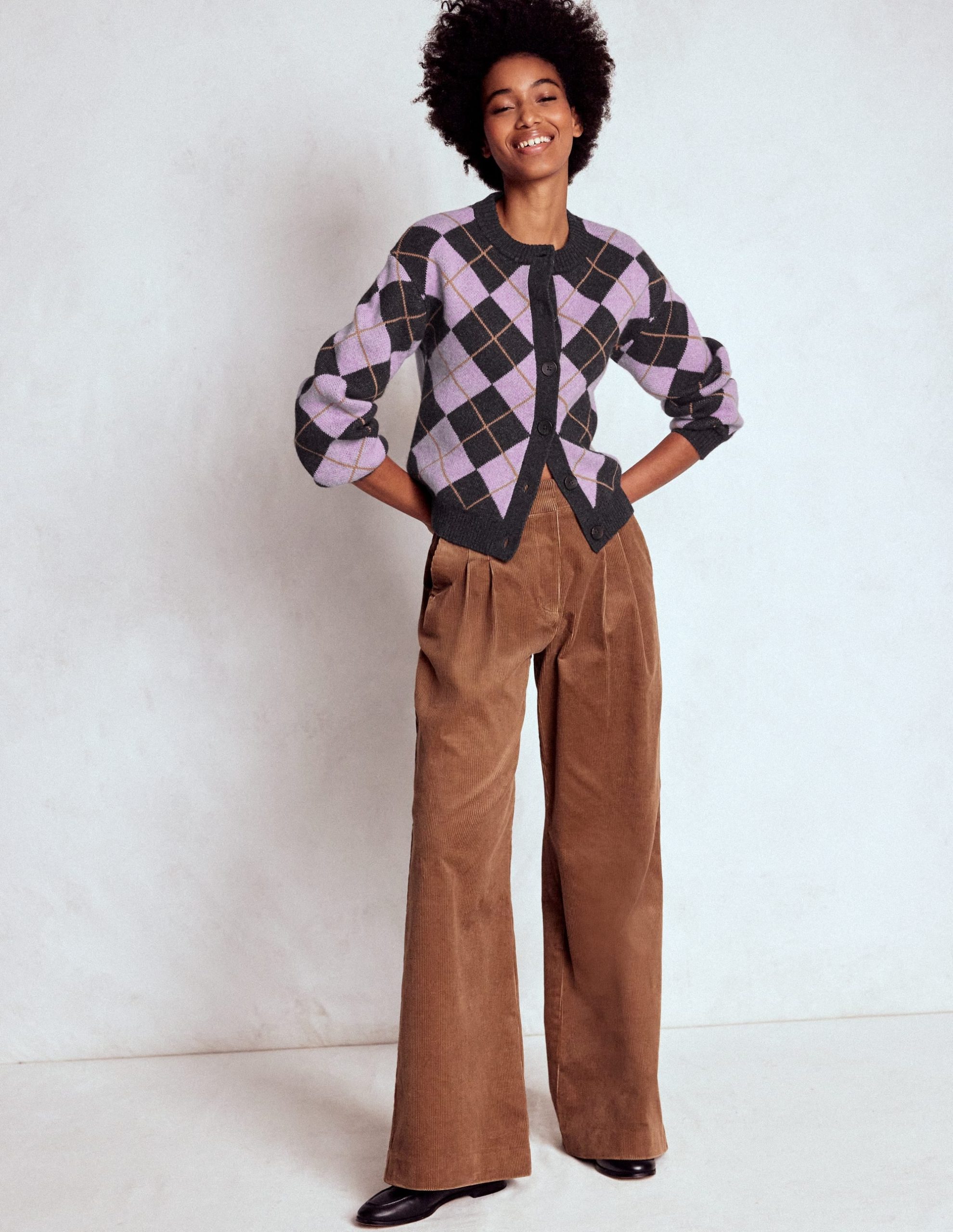 Abi Jacquard Cardigan-Lilac. Charcoal Melange Argyle - Image 4