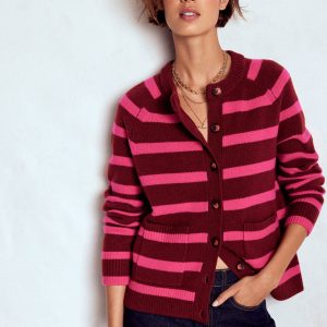 Marion Merino Cardigan-Raw Umber. Brilliant Pink