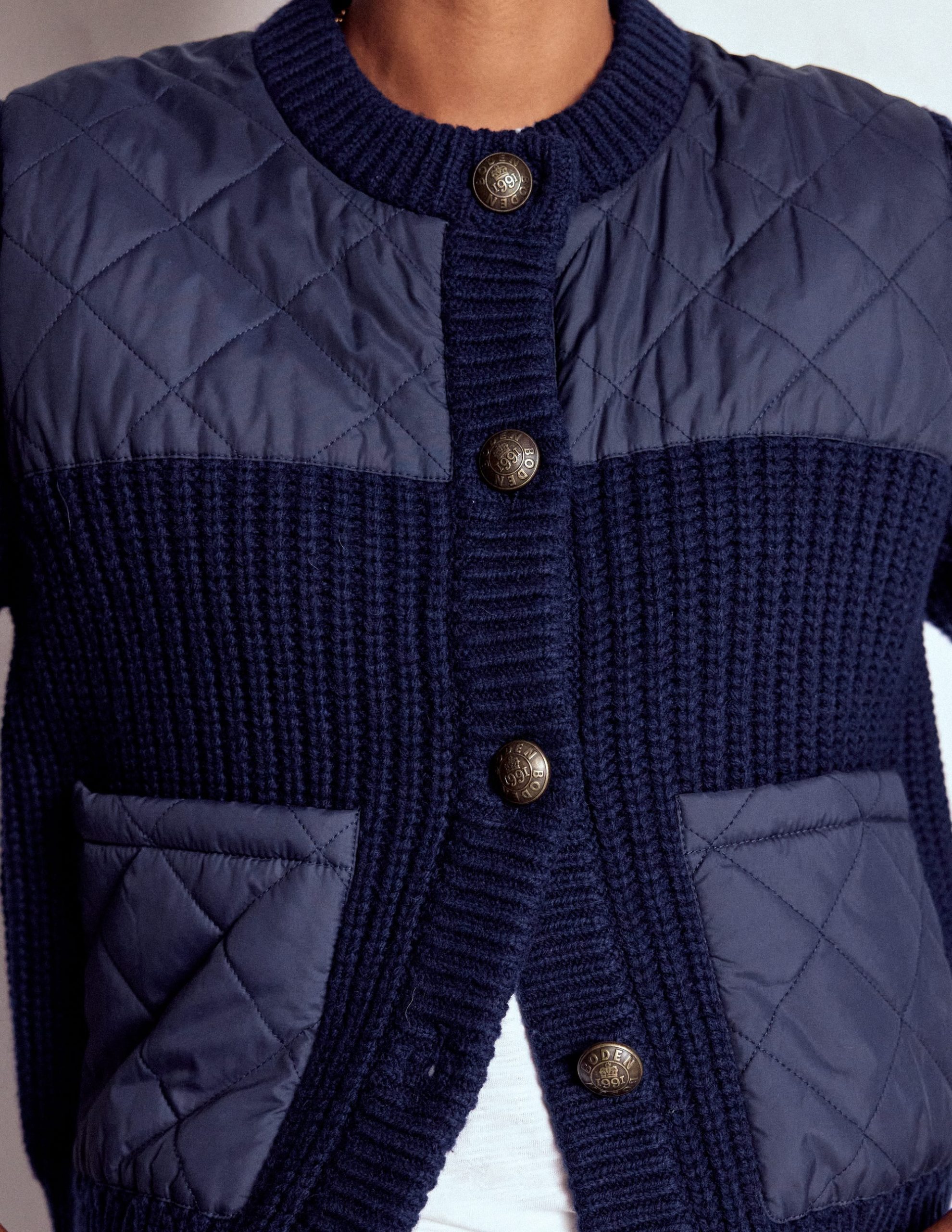 Short Quilted Knitted Jacket-Navy - Image 2