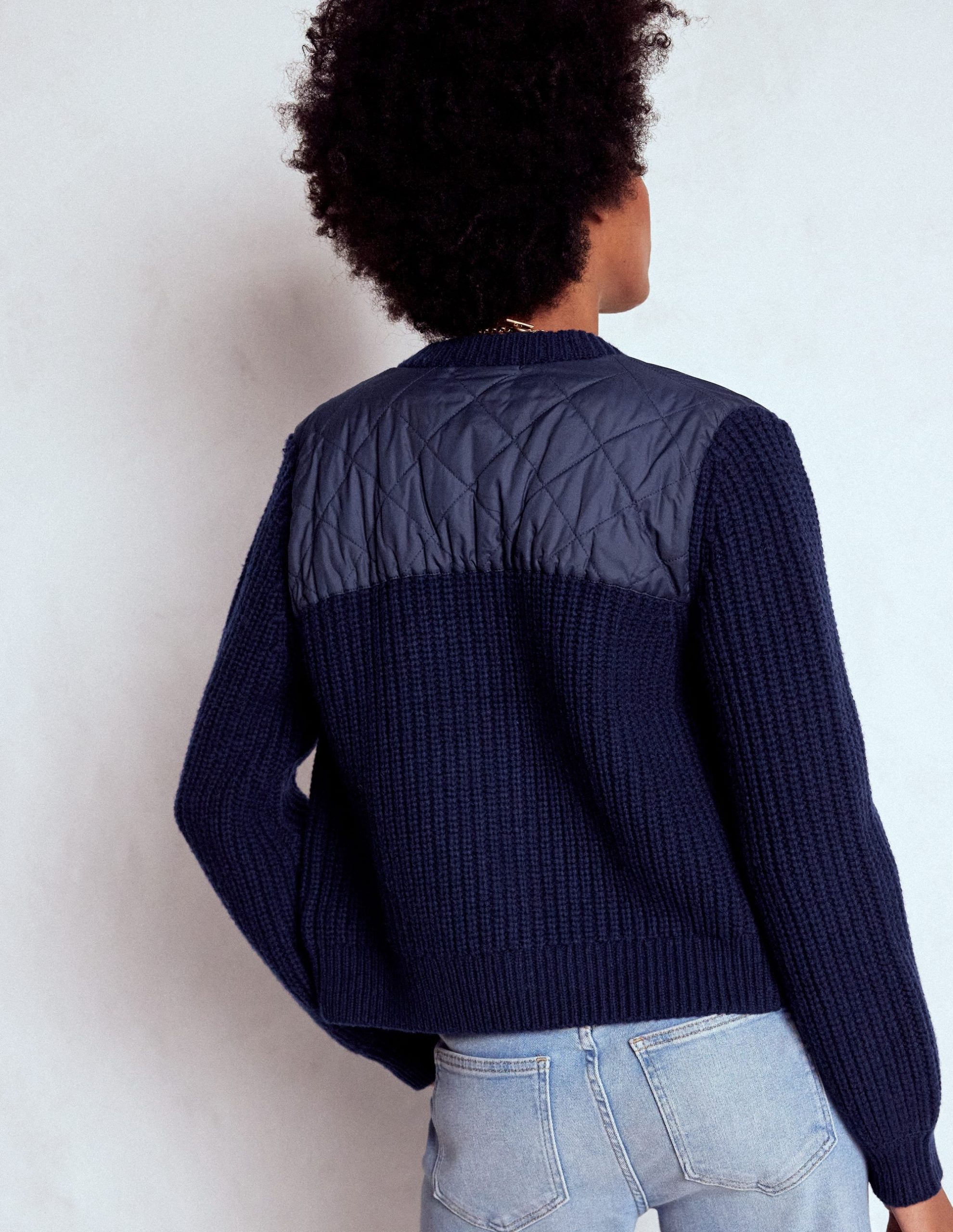 Short Quilted Knitted Jacket-Navy - Image 5