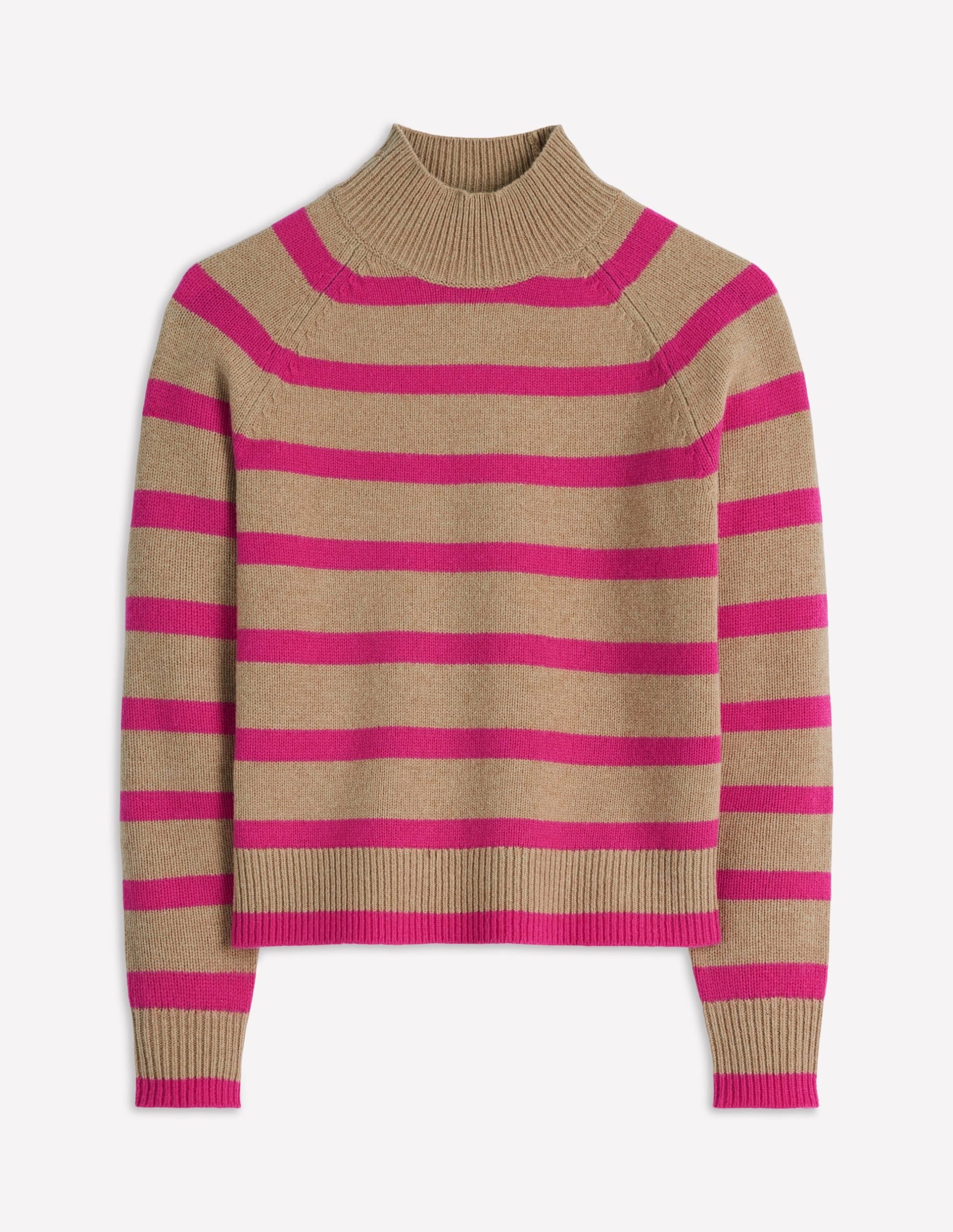 Marion Merino Rib Neck Sweater-Camel. Brilliant Pink Stripe - Image 5