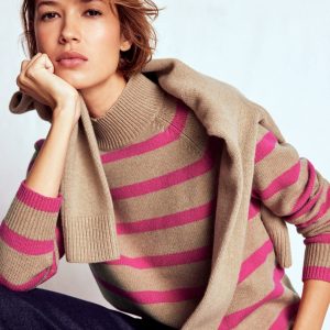 Marion Merino Rib Neck Sweater-Camel. Brilliant Pink Stripe