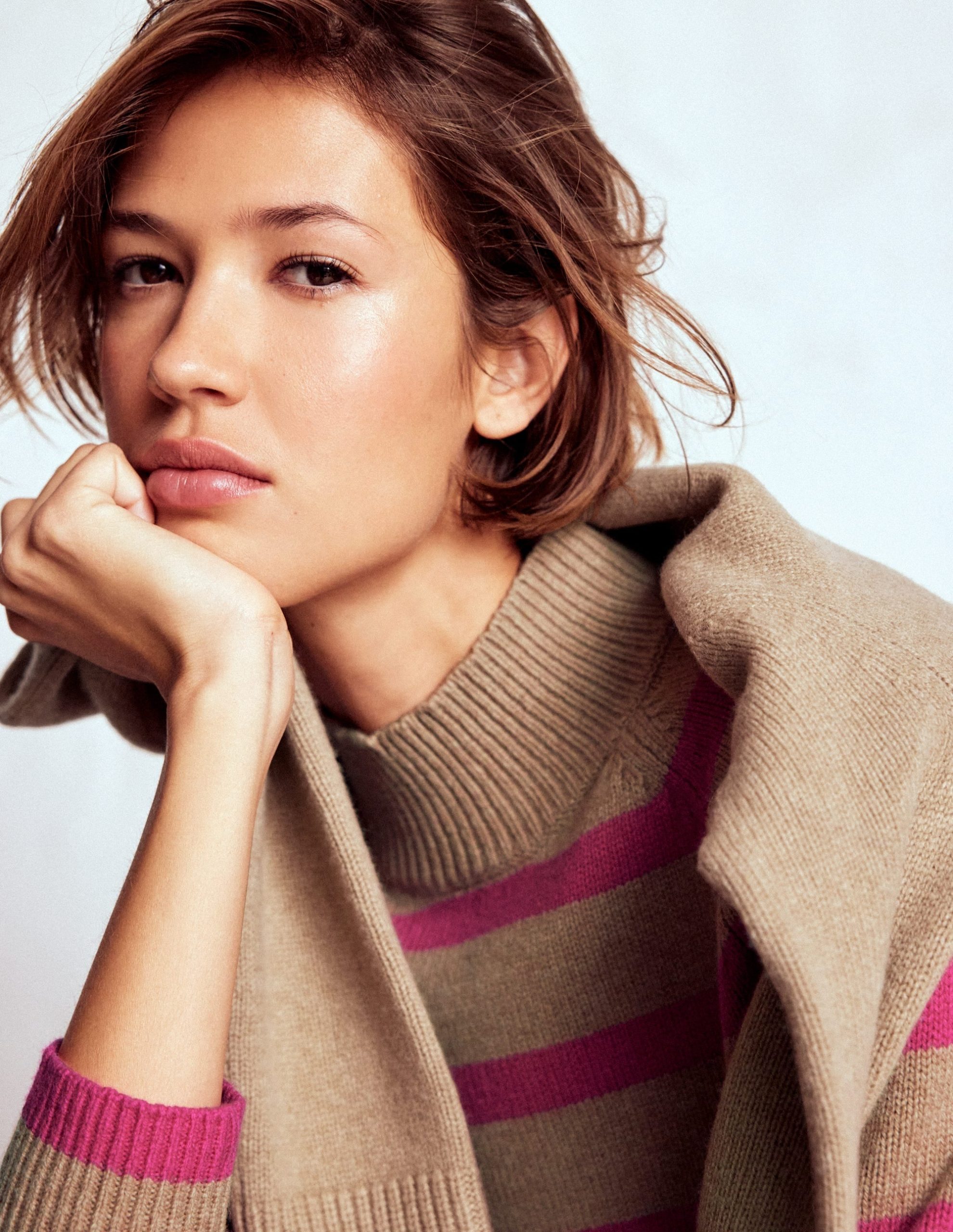 Marion Merino Rib Neck Sweater-Camel. Brilliant Pink Stripe - Image 2