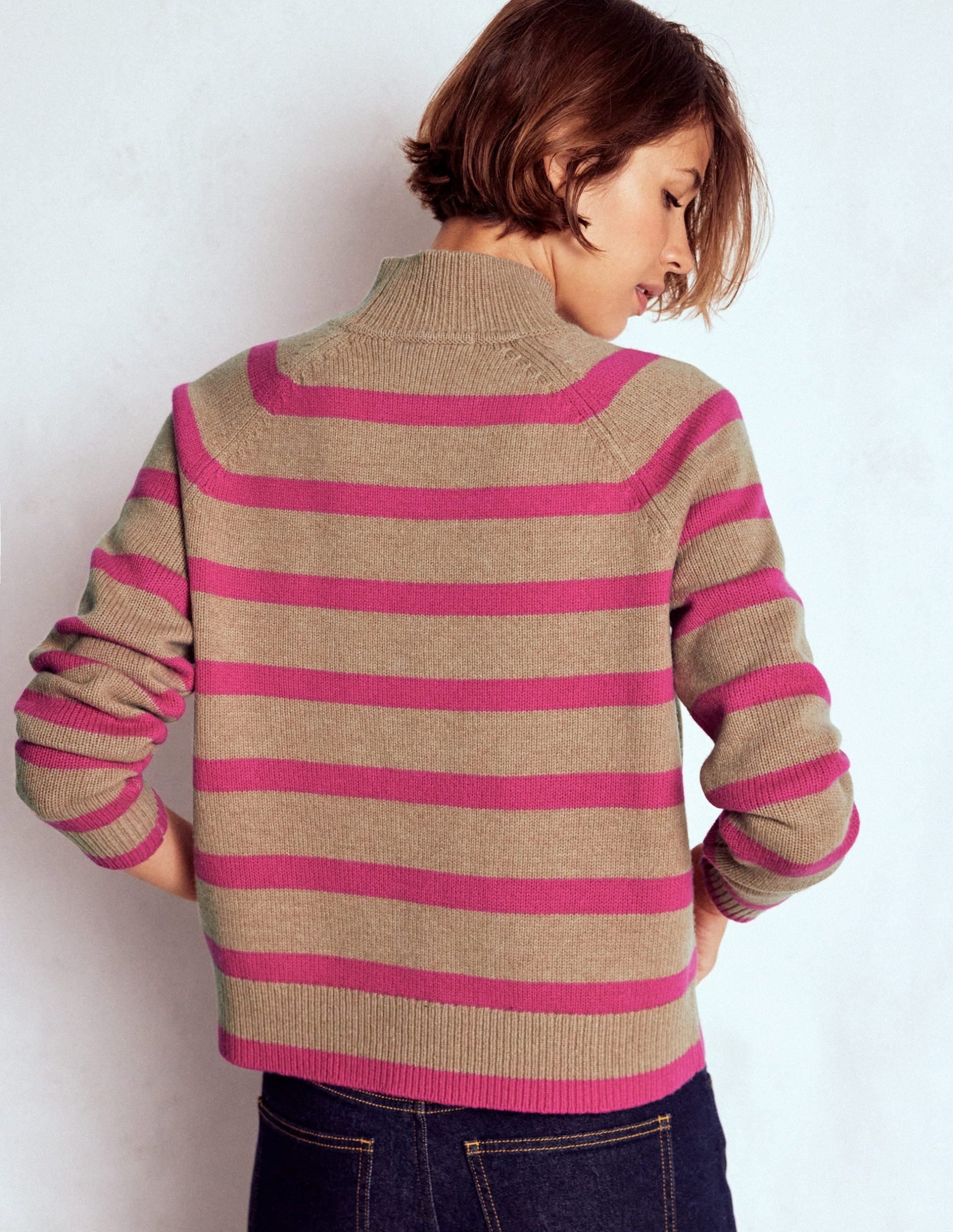 Marion Merino Rib Neck Sweater-Camel. Brilliant Pink Stripe - Image 3