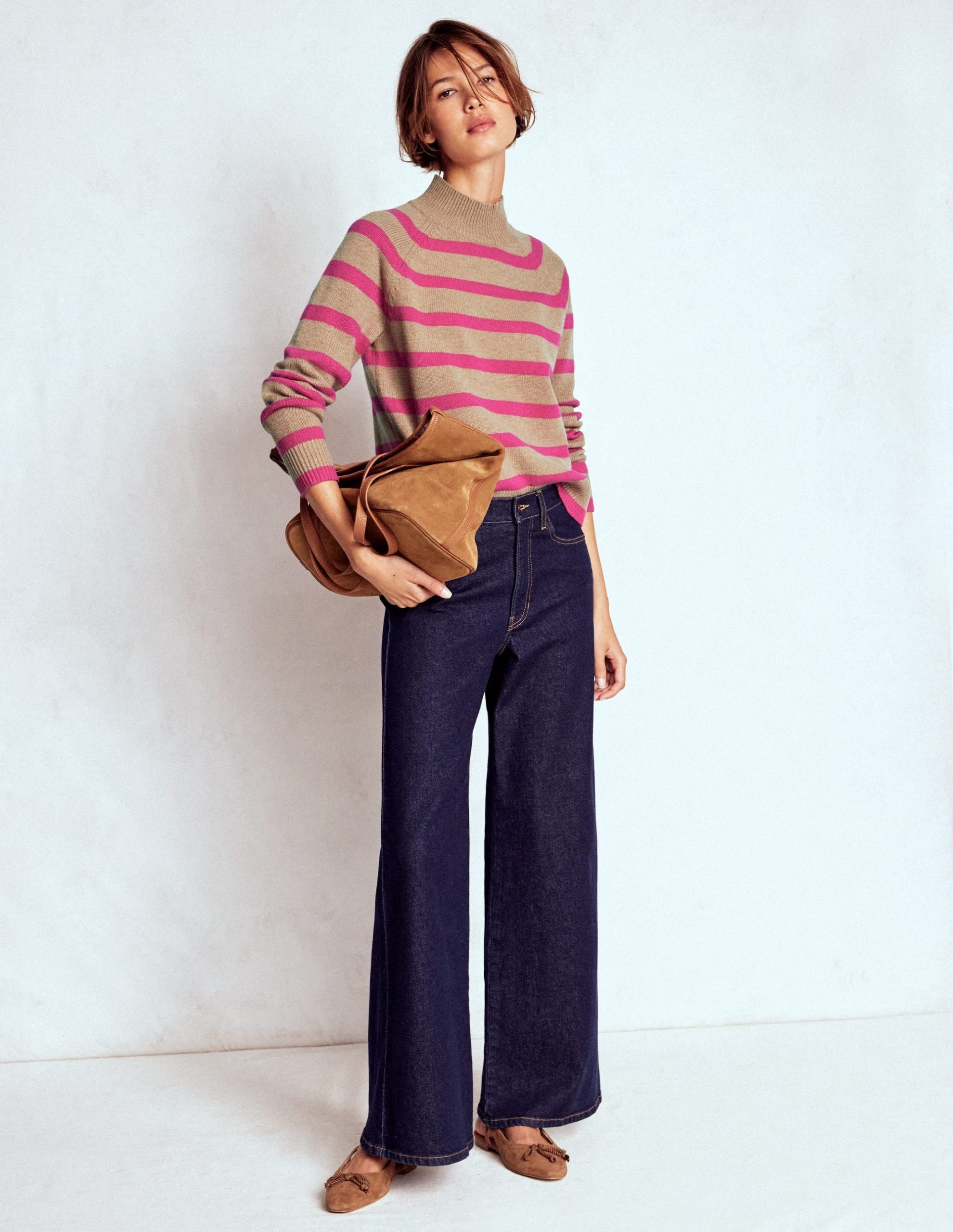 Marion Merino Rib Neck Sweater-Camel. Brilliant Pink Stripe - Image 4