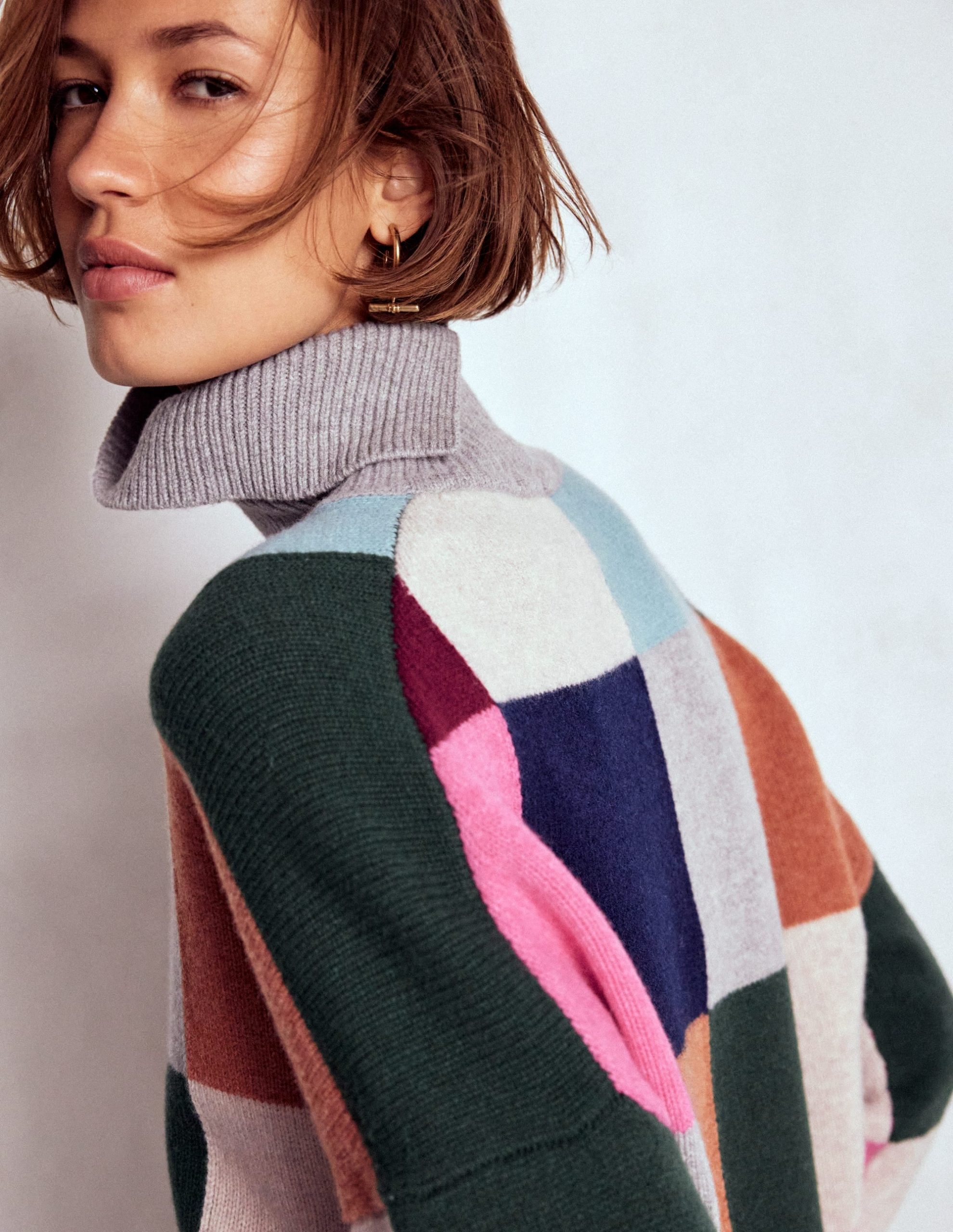 Polly Merino Roll Neck Sweater-Grey Marl Check - Image 3