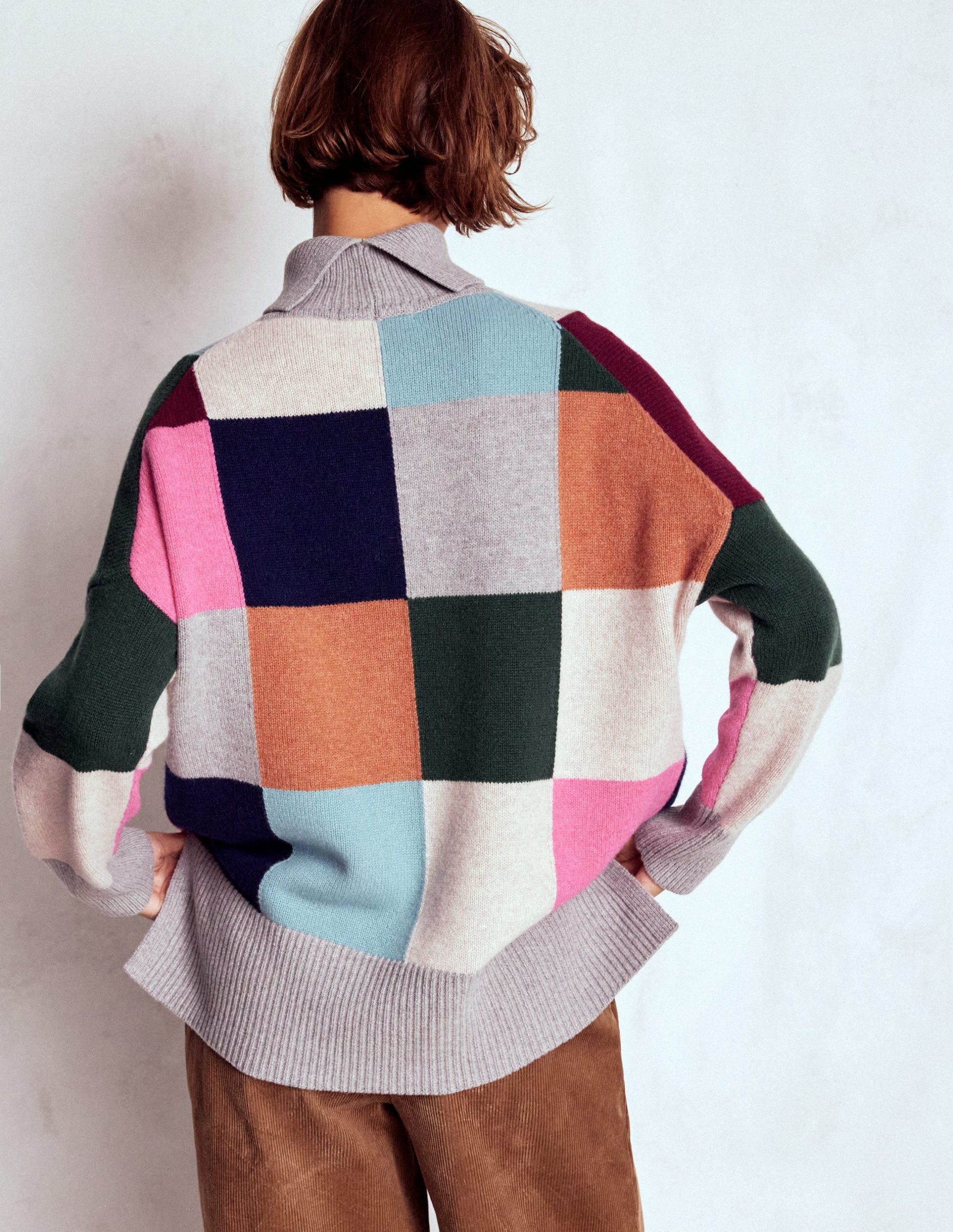 Polly Merino Roll Neck Sweater-Grey Marl Check - Image 4