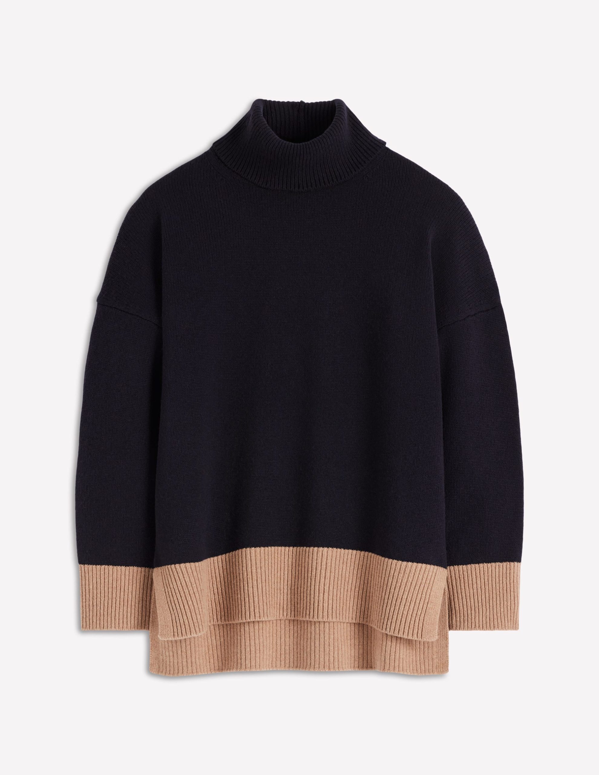 Polly Merino Roll Neck Sweater-Navy. Warm Taupe Colour Block - Image 6