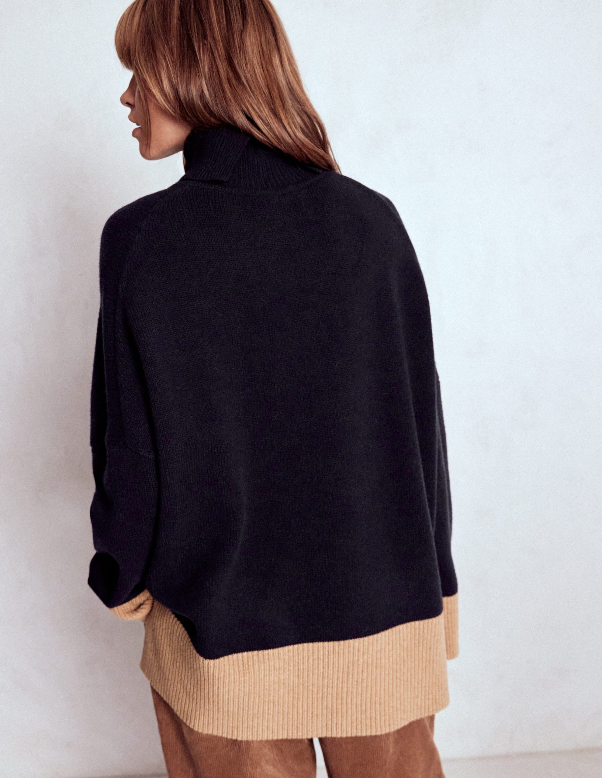 Polly Merino Roll Neck Sweater-Navy. Warm Taupe Colour Block - Image 3