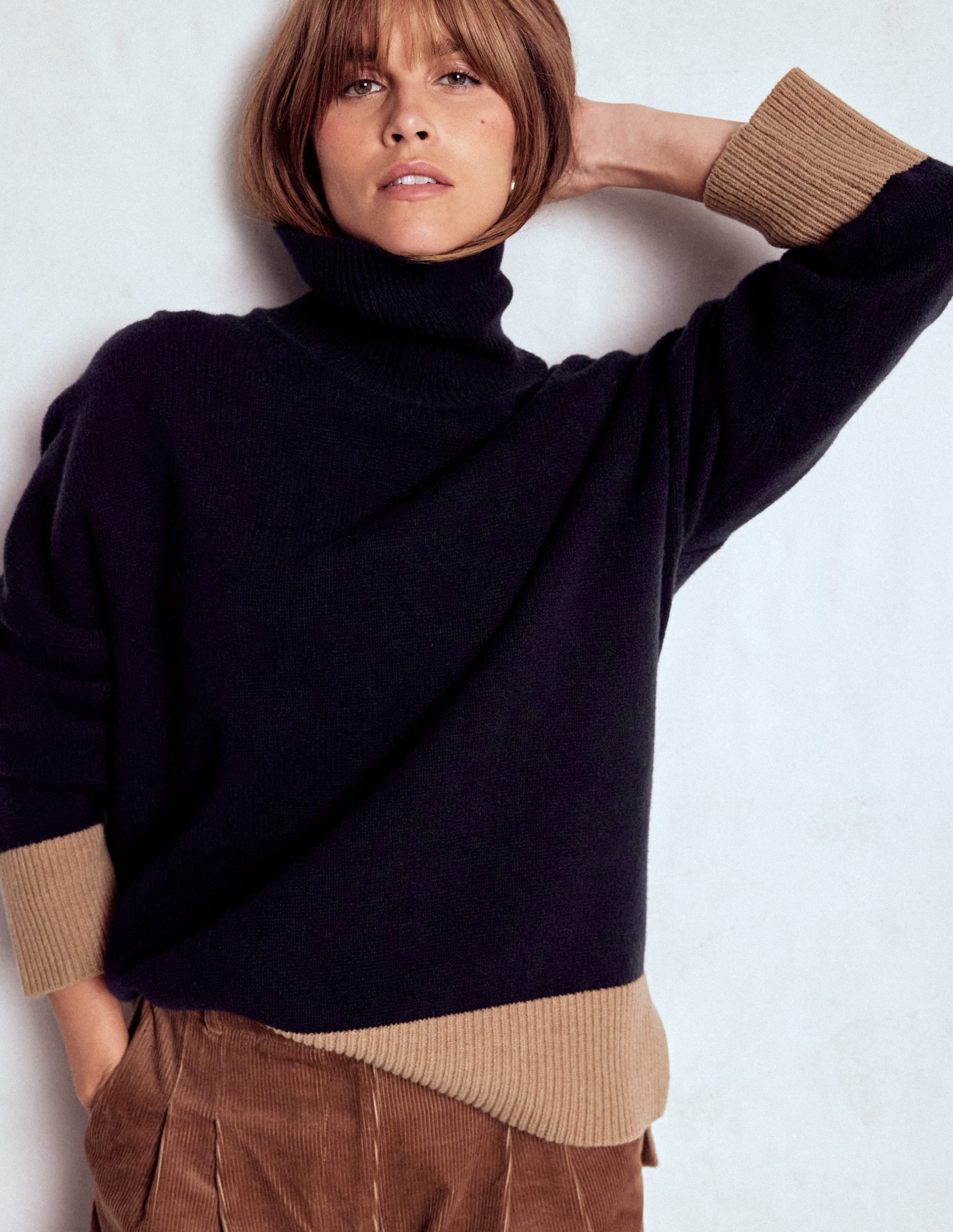 Polly Merino Roll Neck Sweater-Navy. Warm Taupe Colour Block - Image 5