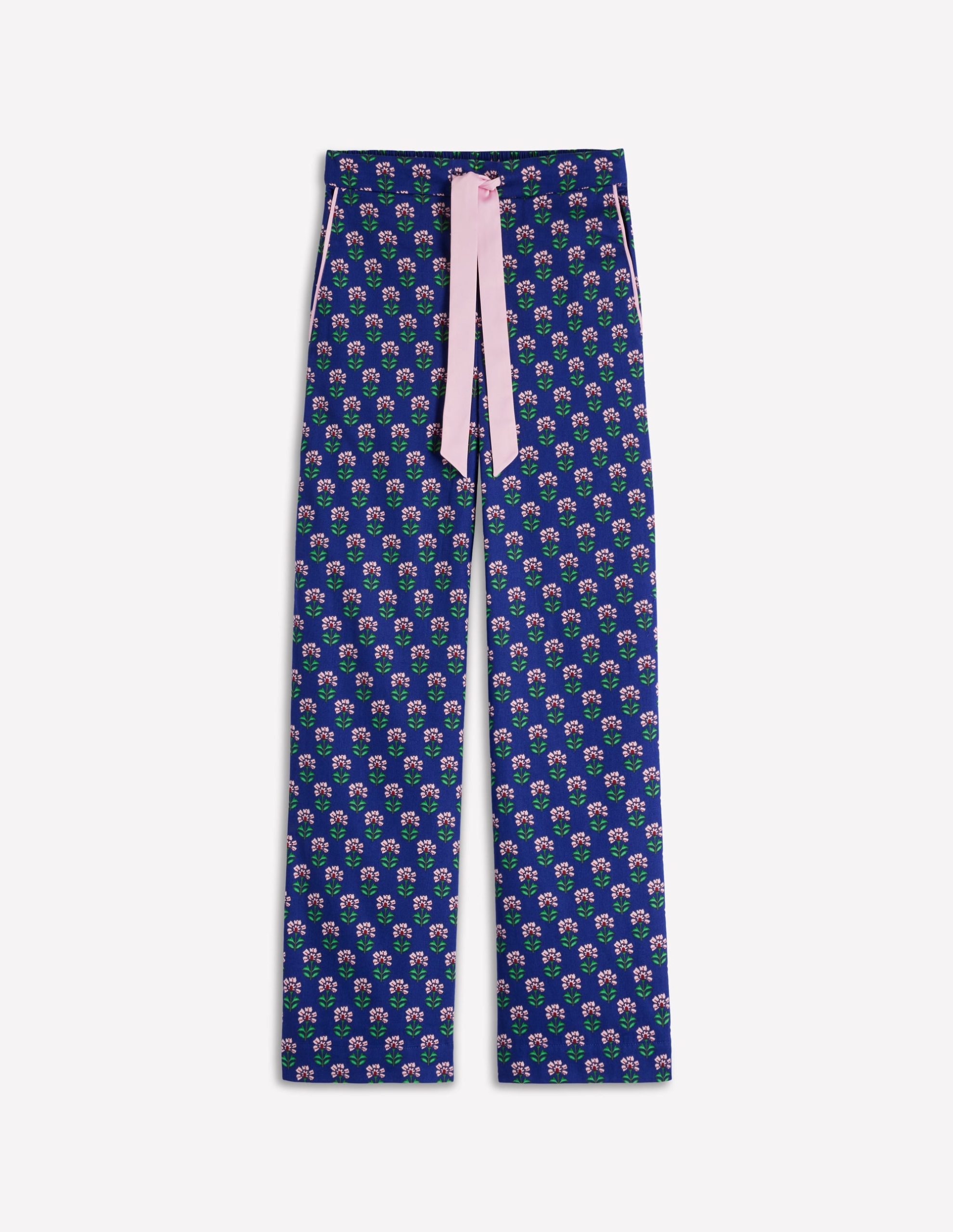 Cotton Pajama Pants-Bright Blue. Woodblock Flower - Image 5