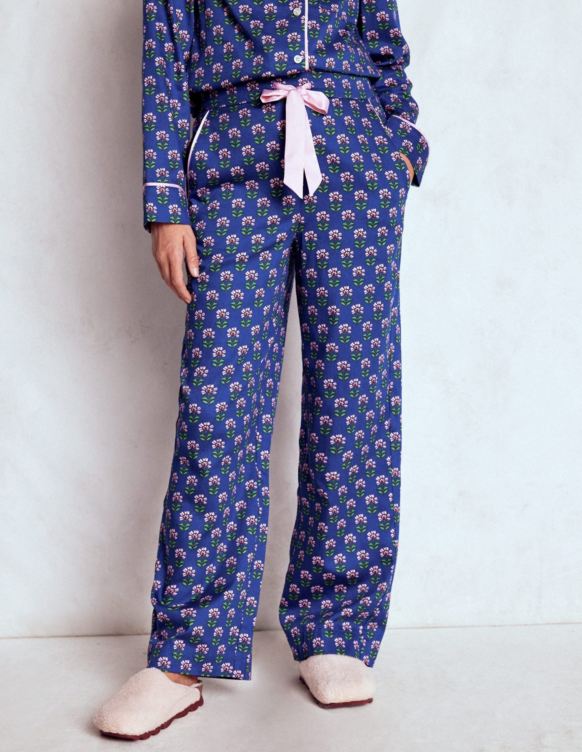 Cotton Pajama Pants-Bright Blue. Woodblock Flower - Image 3