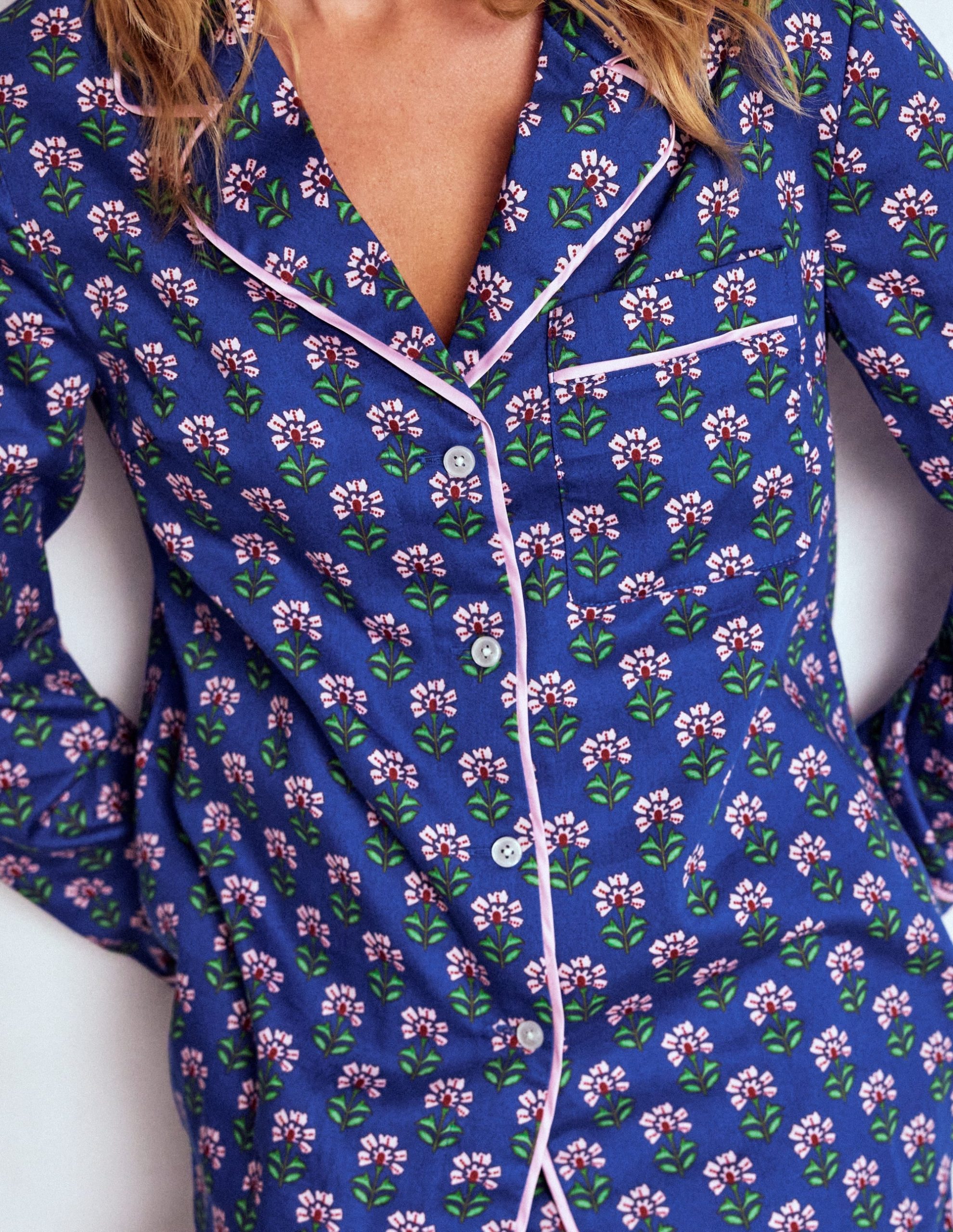 Cotton Pajama Shirt-Bright Blue. Woodblock Flower - Image 2