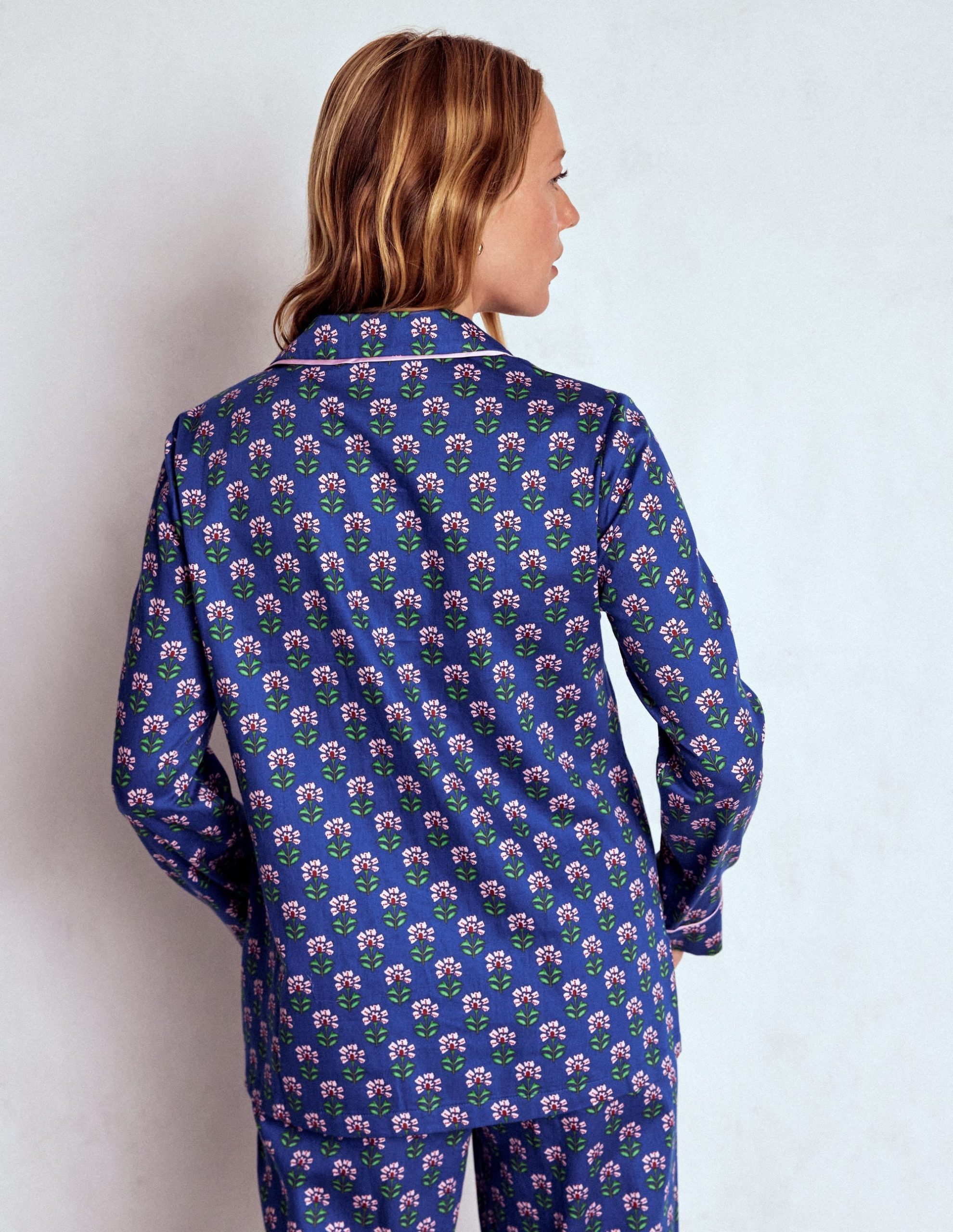 Cotton Pajama Shirt-Bright Blue. Woodblock Flower - Image 3