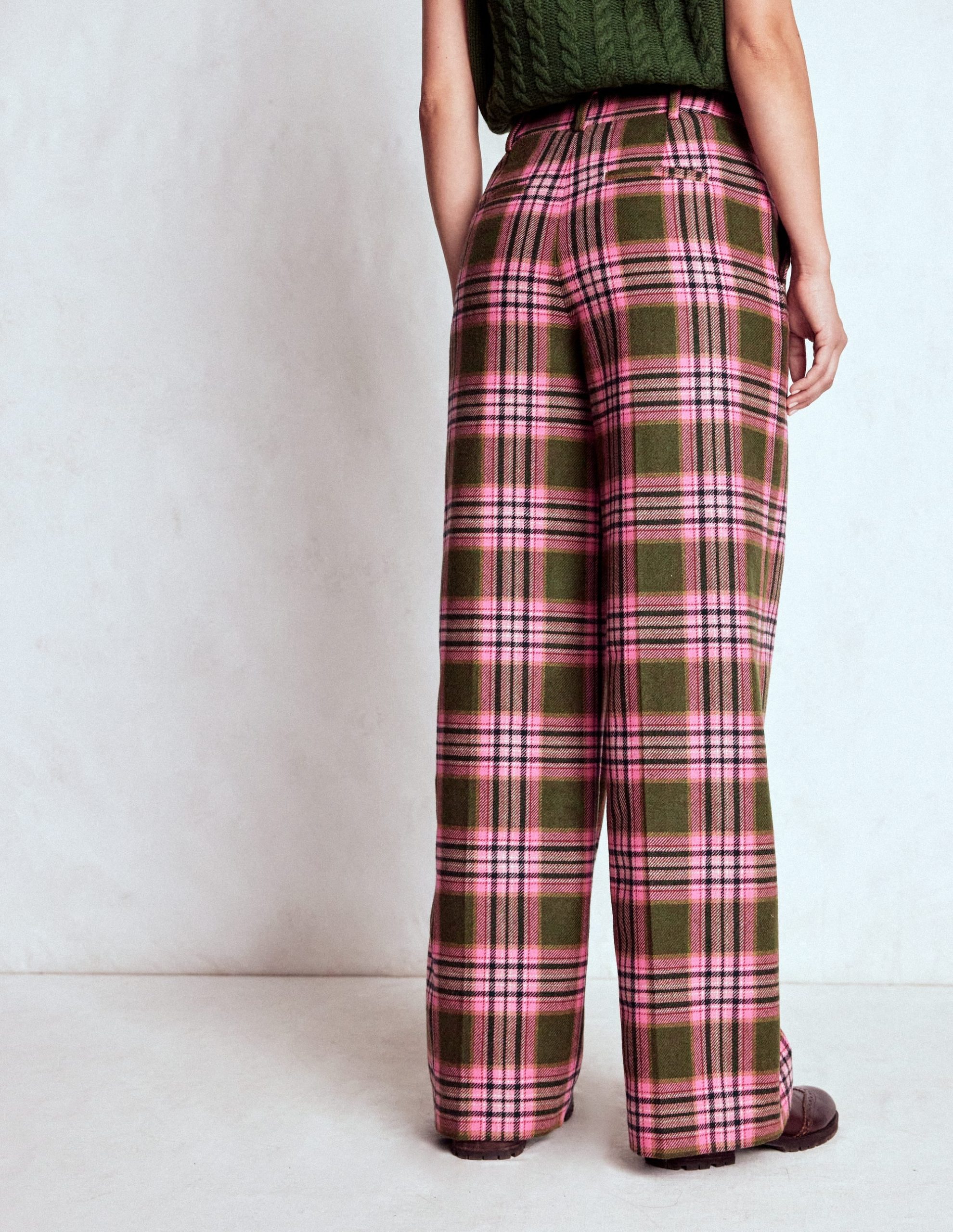 Belgravia Wool Pants-Olive. Green and Pink Check - Image 3