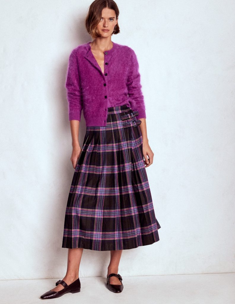 Josephine Wool Kilt Skirt-Brown. Teal & Pink Check