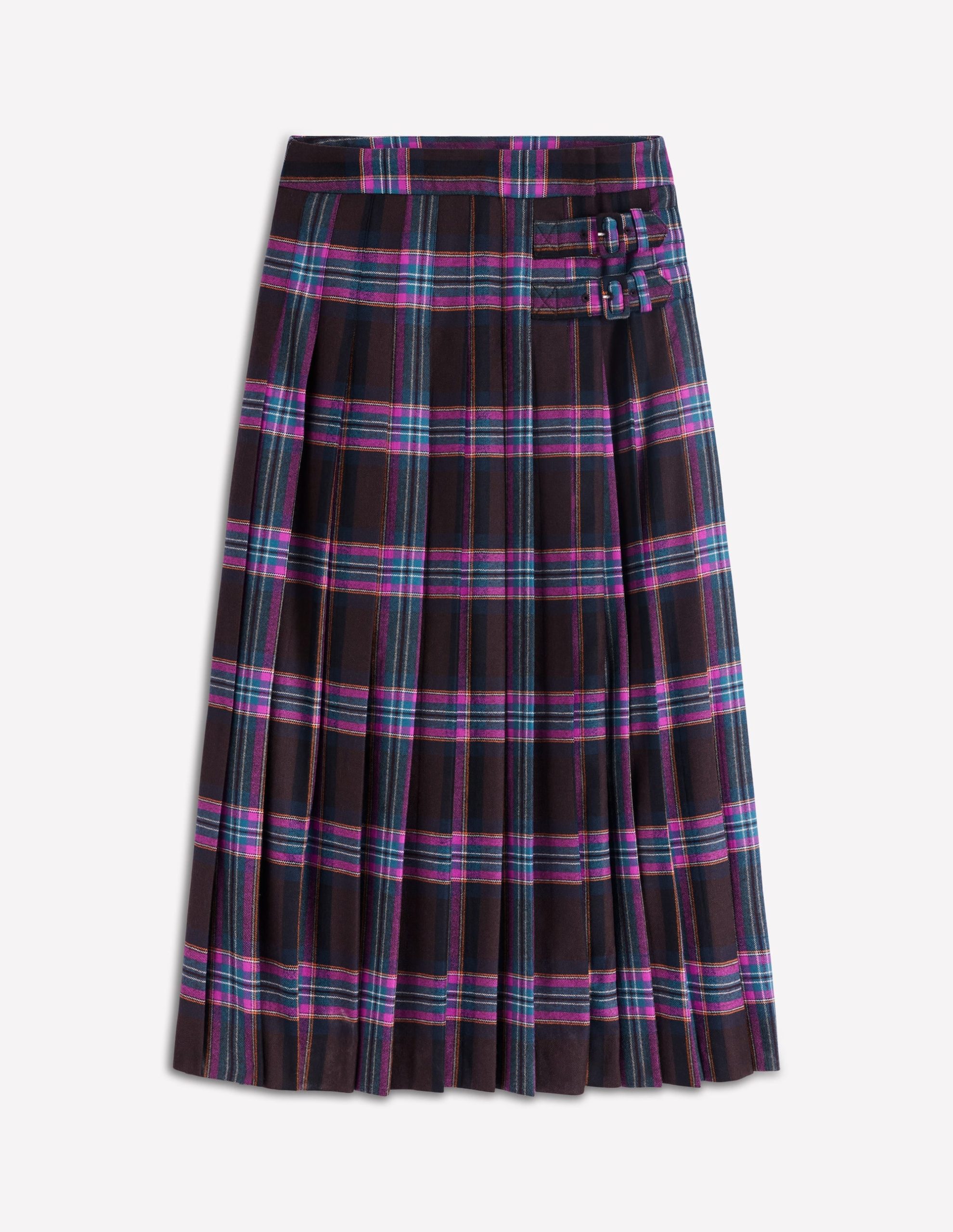 Josephine Wool Kilt Skirt-Brown. Teal & Pink Check - Image 5