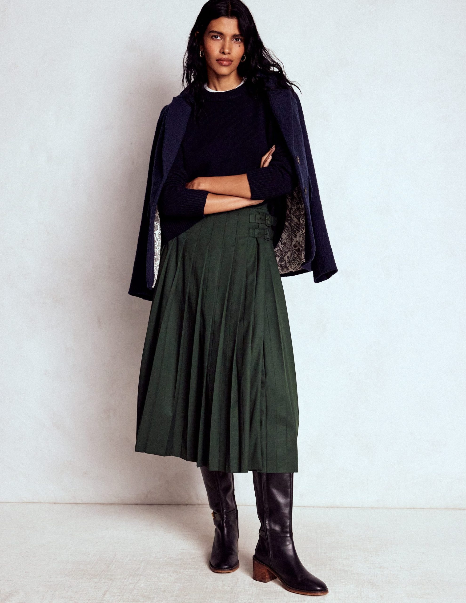 Josephine Kilt Midi Skirt-Hunter Green