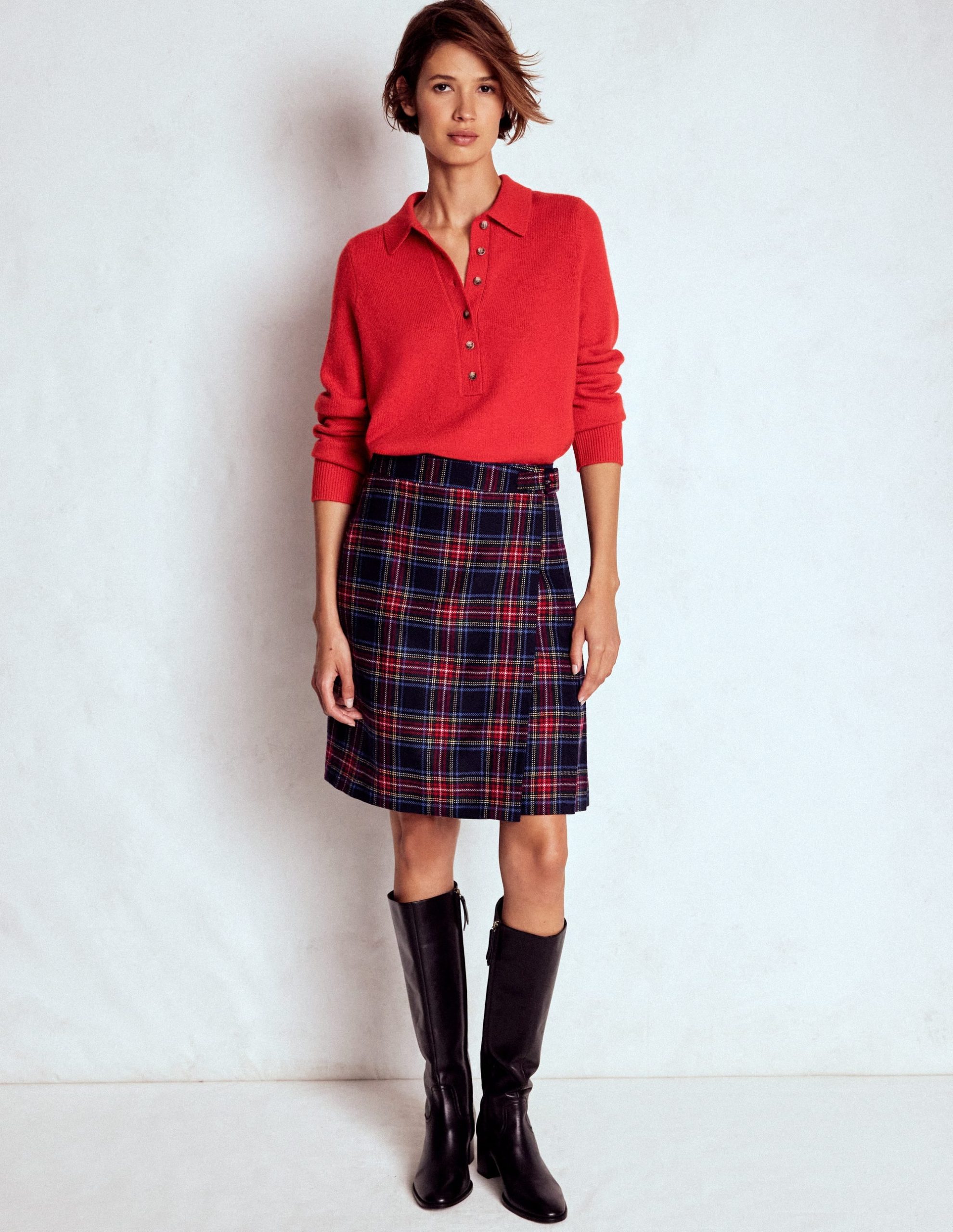 Helen Wool Kilt Skirt-Navy. Green and Red Check