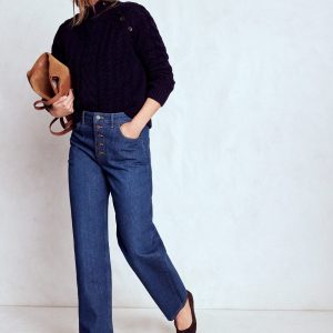 Exposed Button Straight Jeans-Indigo