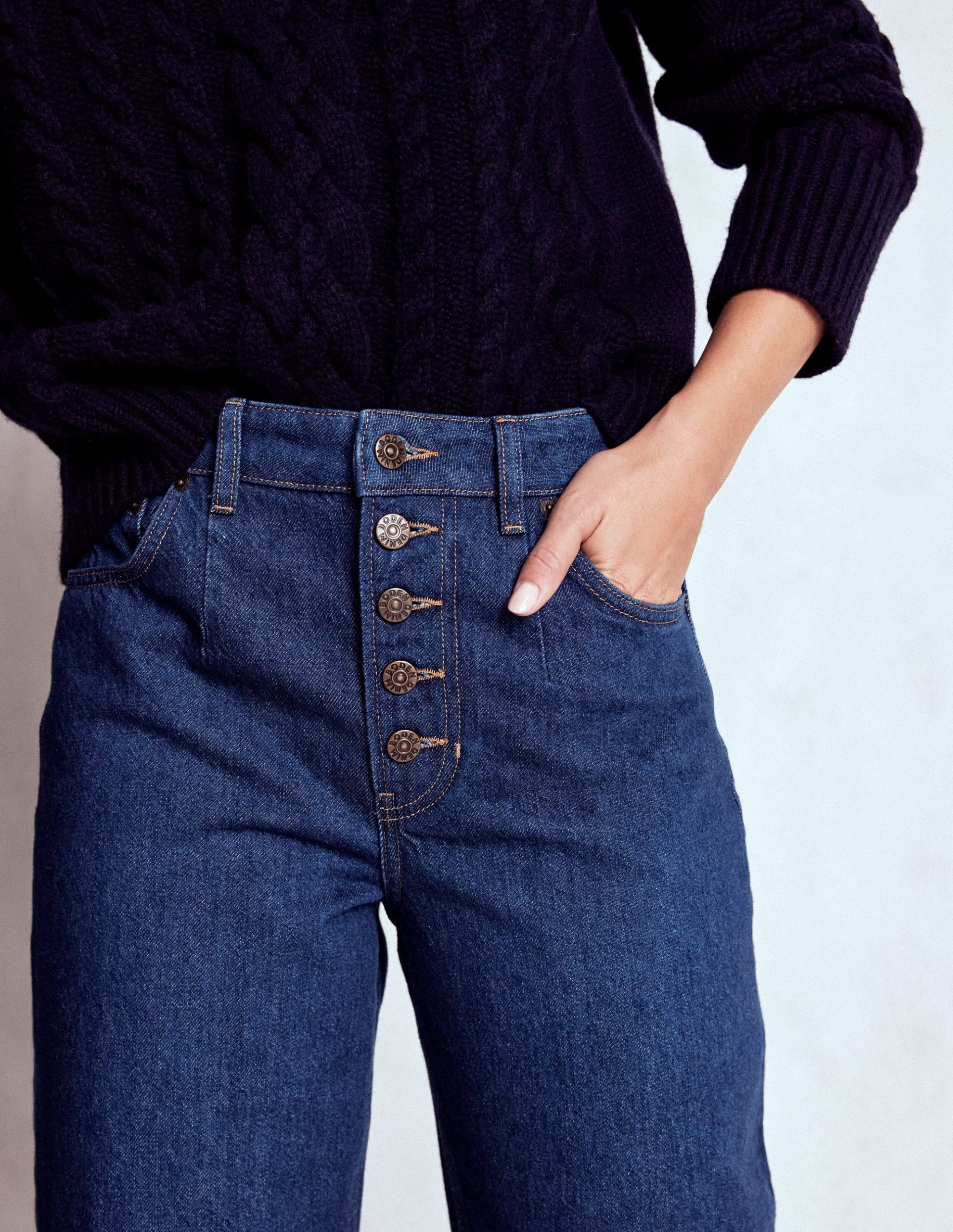 Exposed Button Straight Jeans-Indigo - Image 5