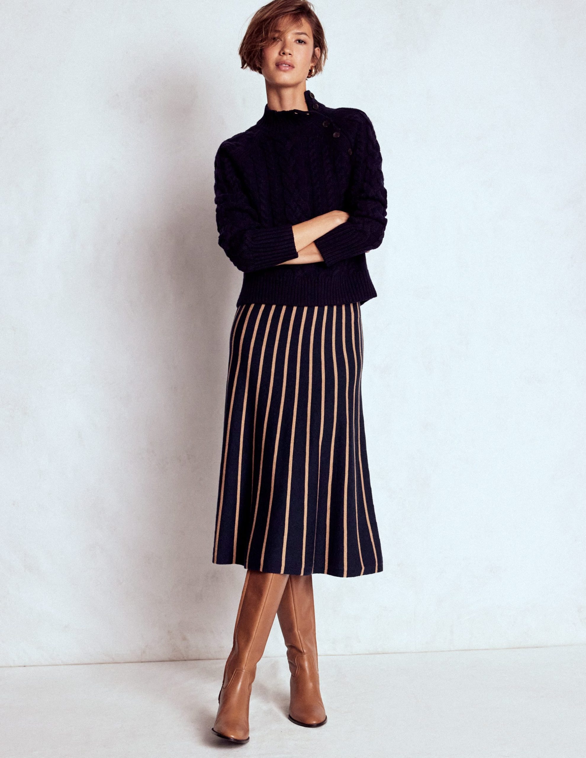 Liz Knitted Midi Skirt-Navy and Camel Stripe - Image 2