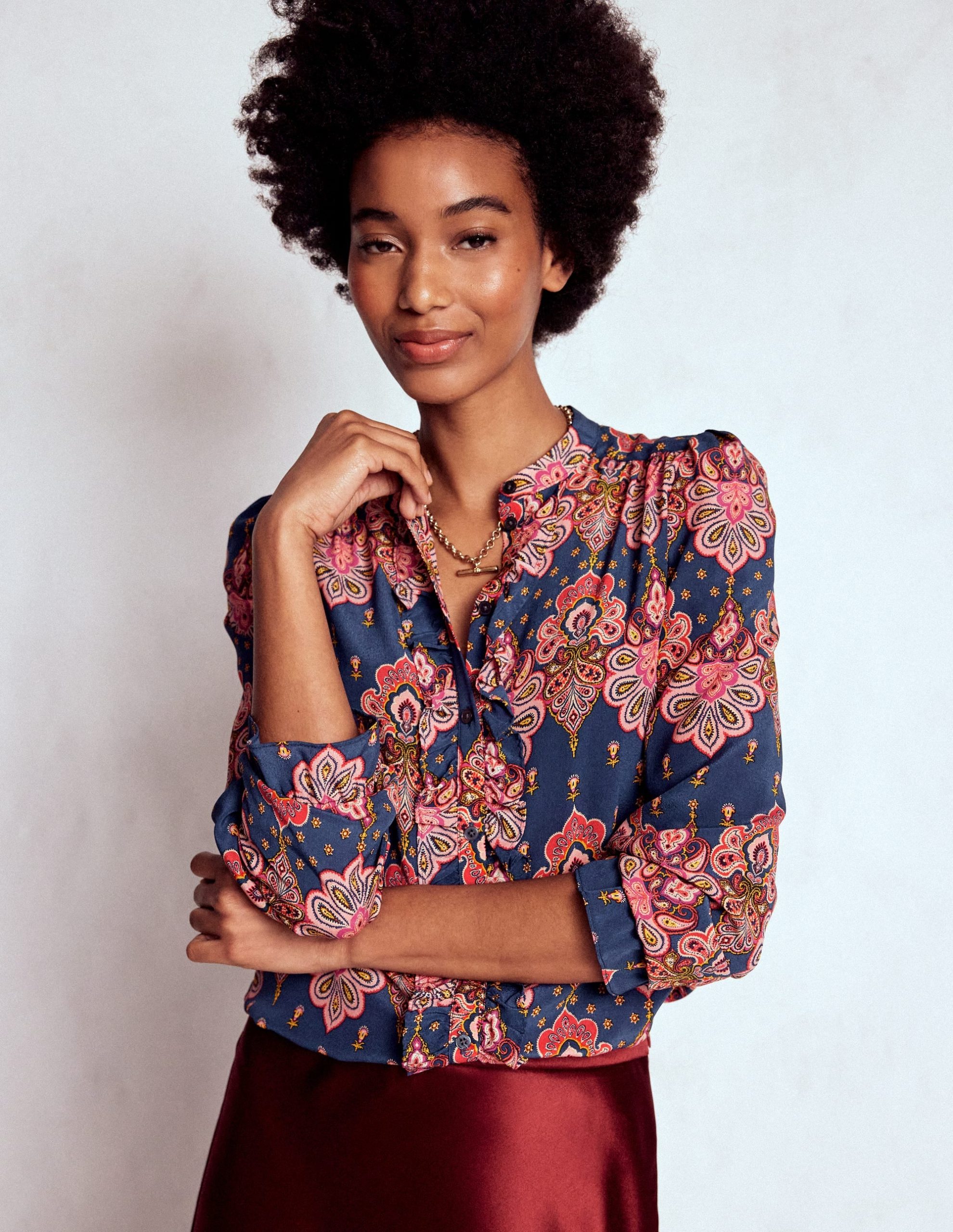 Alice Frill Front Silk Top-Navy. Embellished Paisley