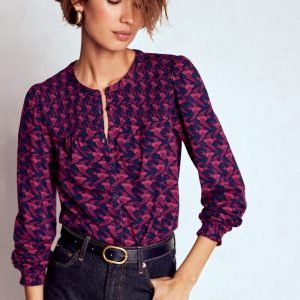 Elsa Smocked Yoke Jersey Shirt-French Navy. Swooping Swallow