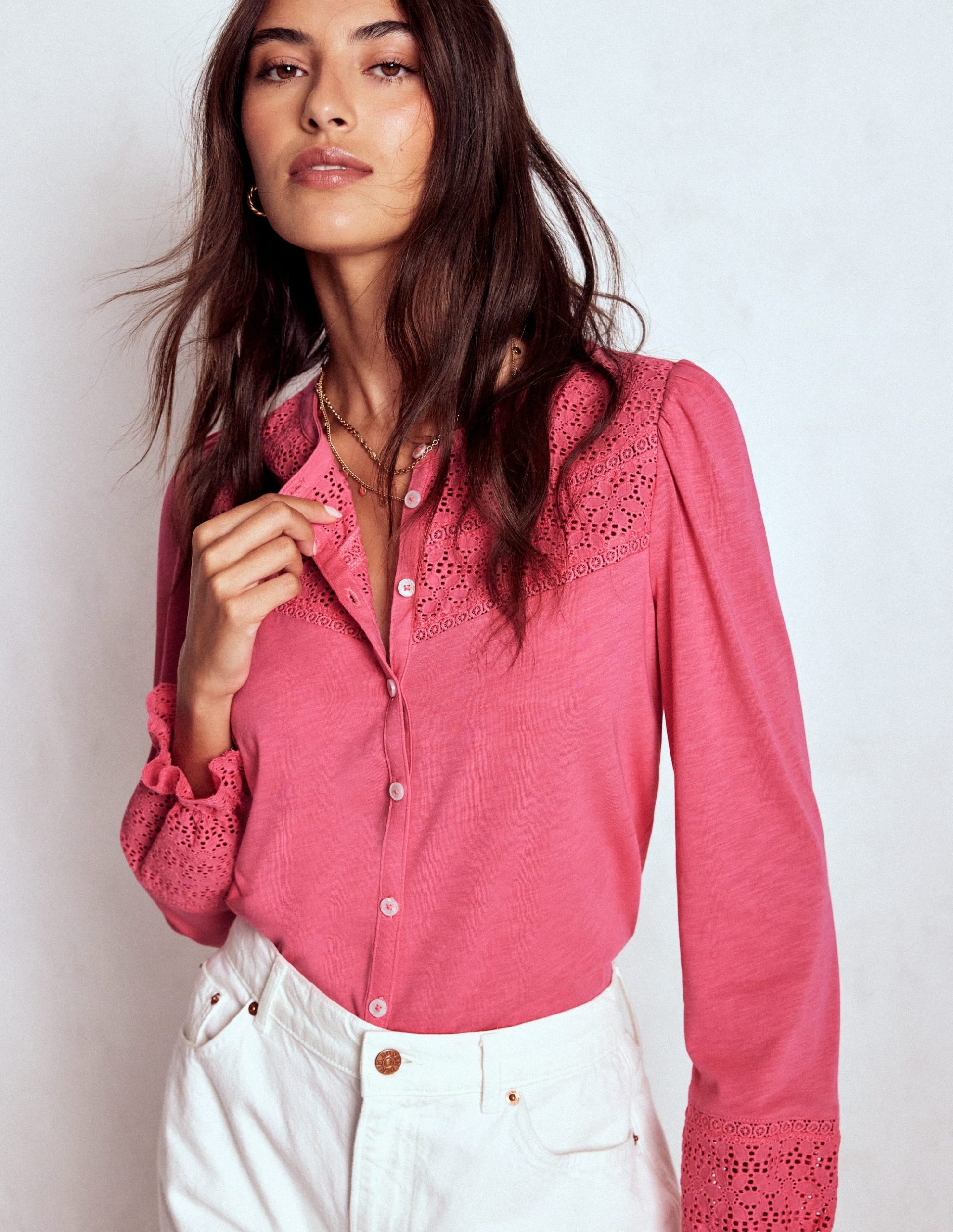 Pippa Broderie Jersey Shirt-Rose Pink - Image 4