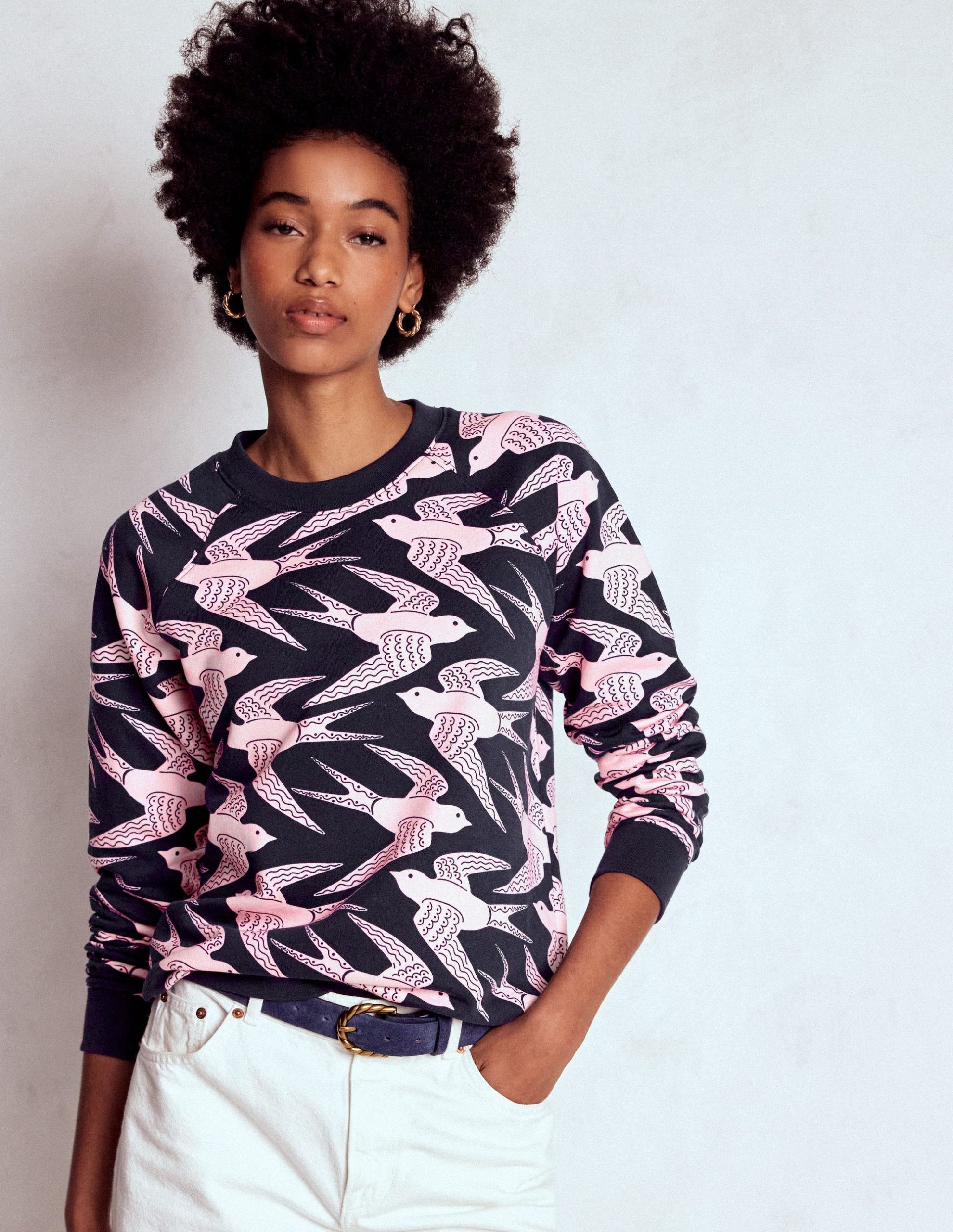 Rosa Printed Sweatshirt-Navy. Pink Swooping Swallow