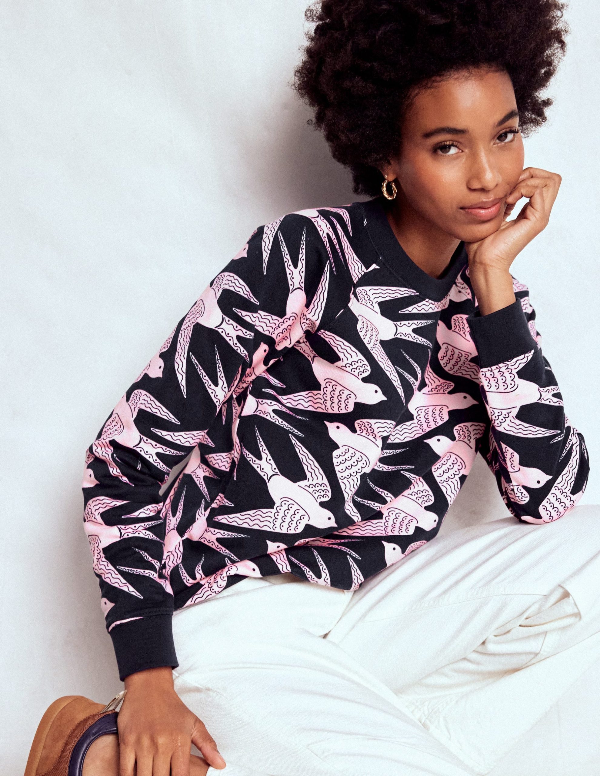 Rosa Printed Sweatshirt-Navy. Pink Swooping Swallow - Image 4