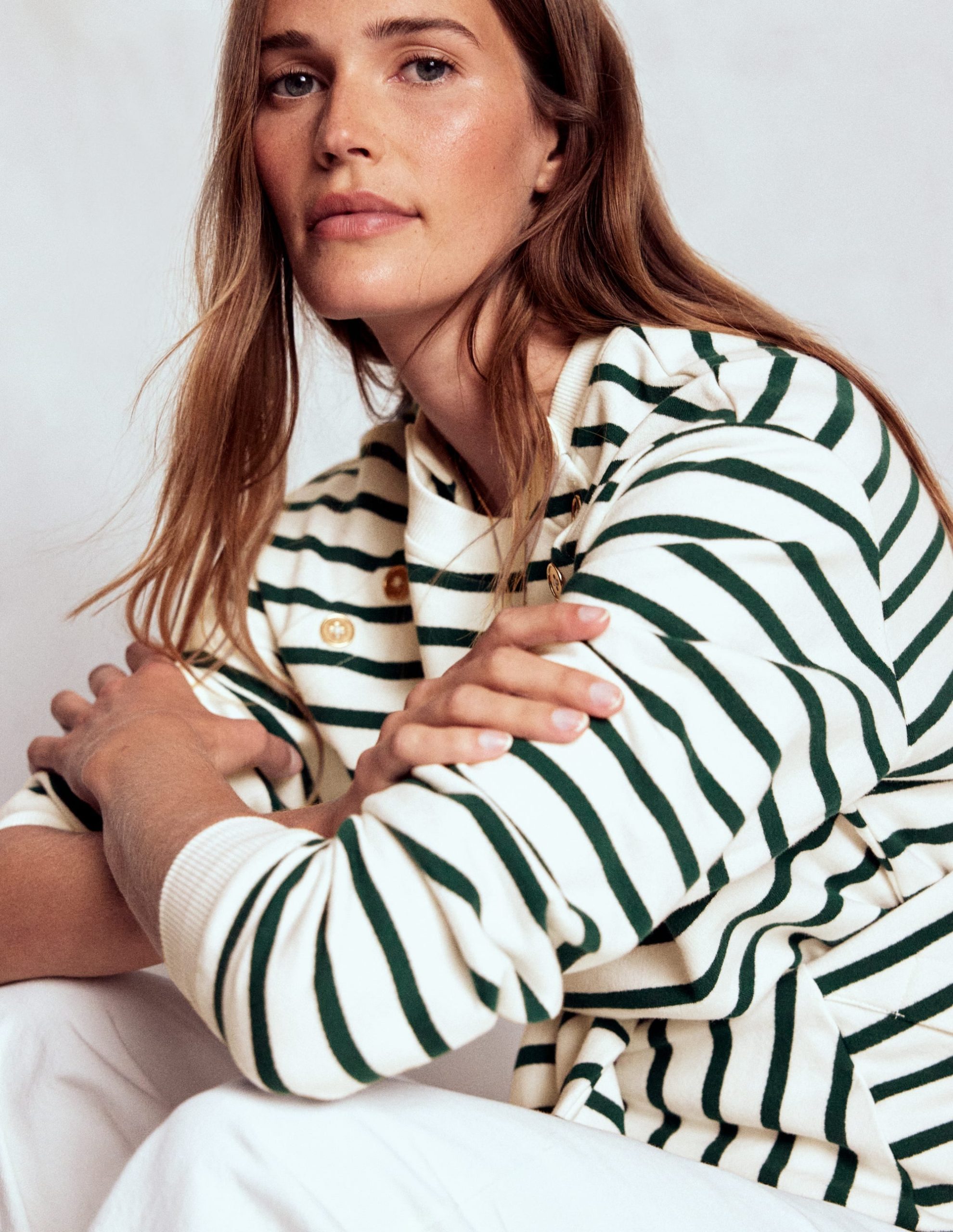 Button Detail Sweatshirt-Emerald Night. Ivory