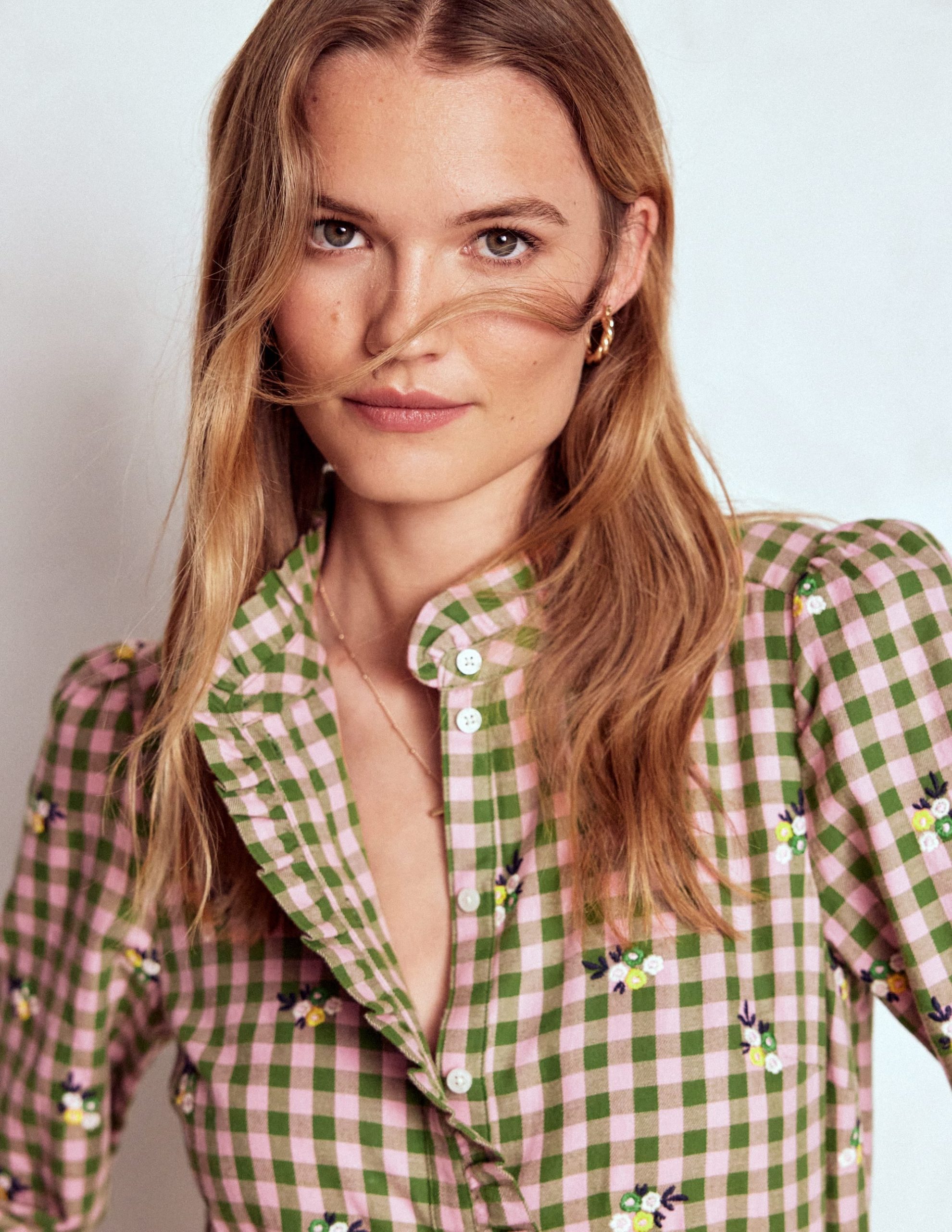 Helena Brushed Cotton Top-Green and Pink Floral Check - Image 2