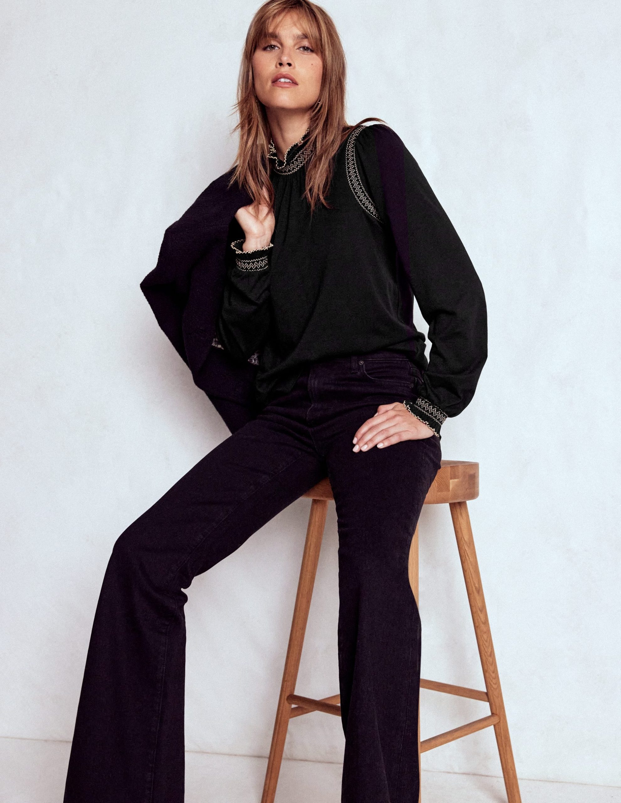 Tia Smocked Neck Jersey Top-Black