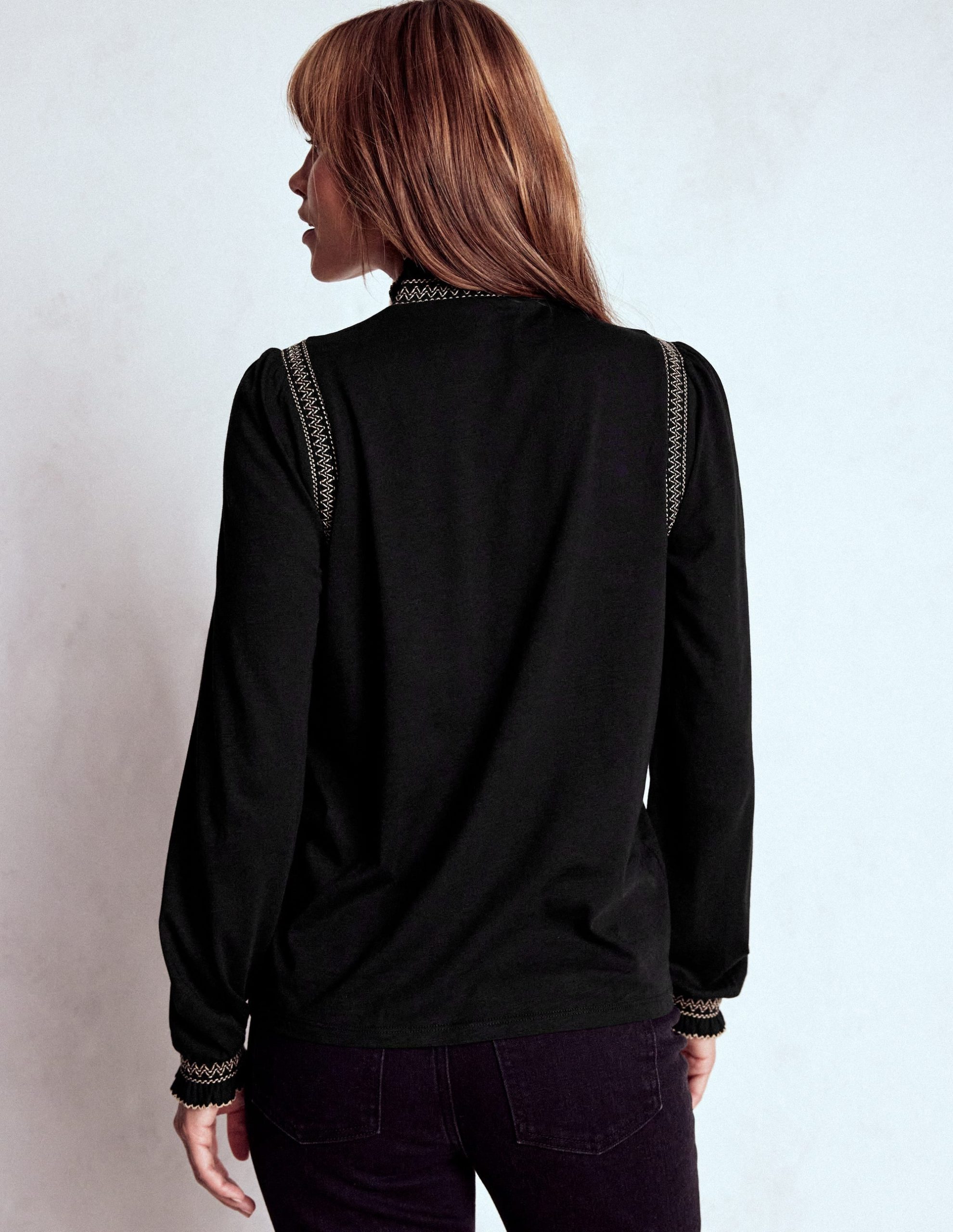 Tia Smocked Neck Jersey Top-Black - Image 3