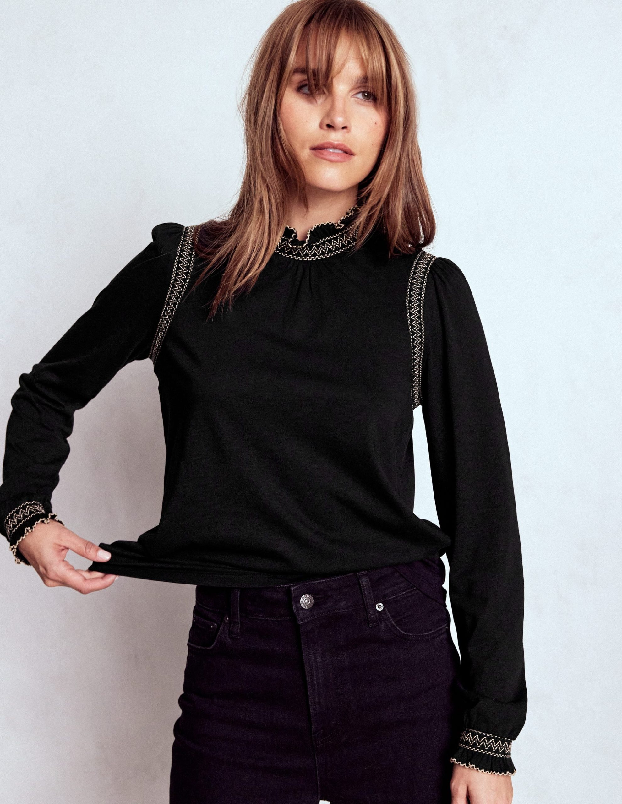 Tia Smocked Neck Jersey Top-Black - Image 4