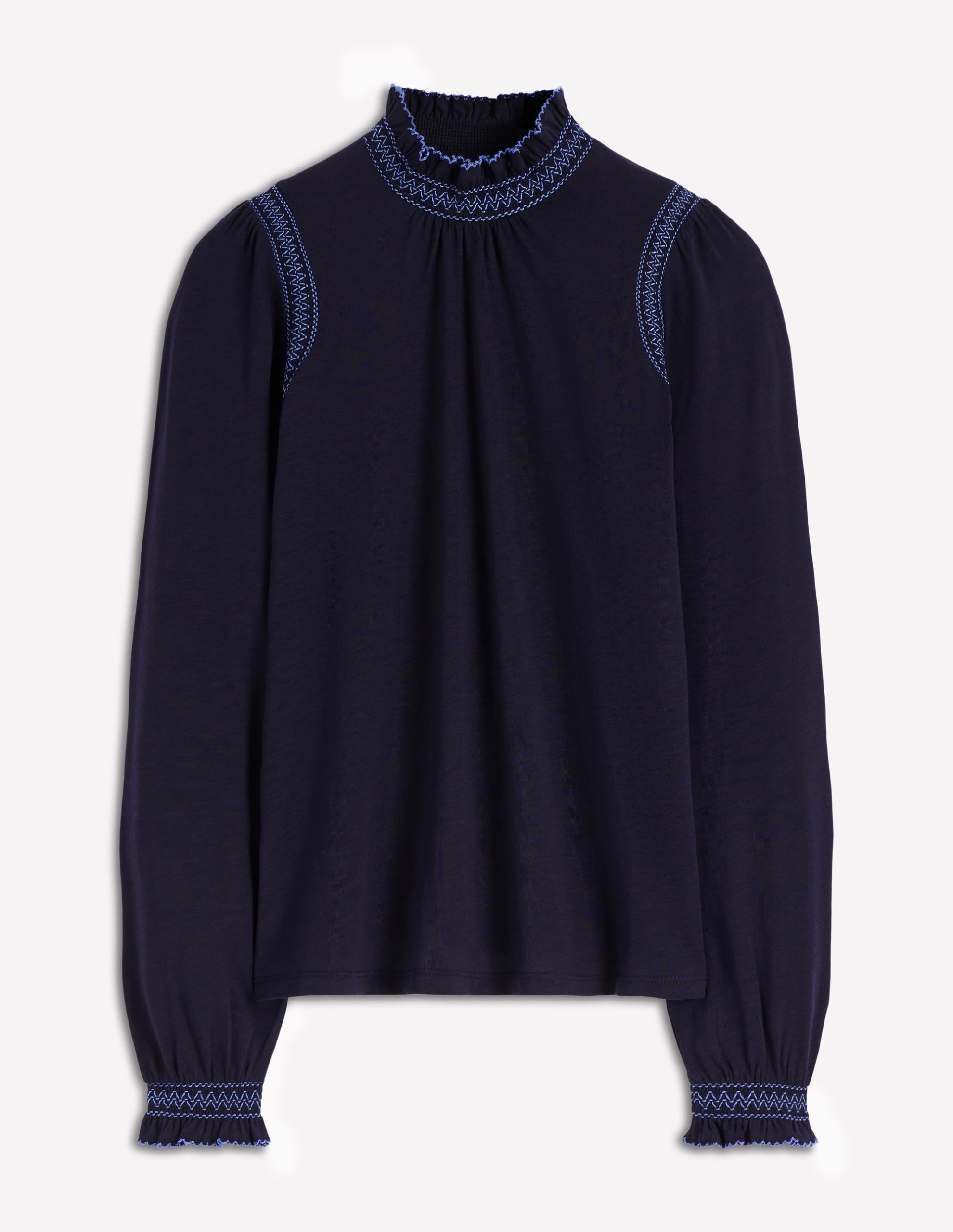 Tia Smocked Neck Jersey Top-Navy - Image 6