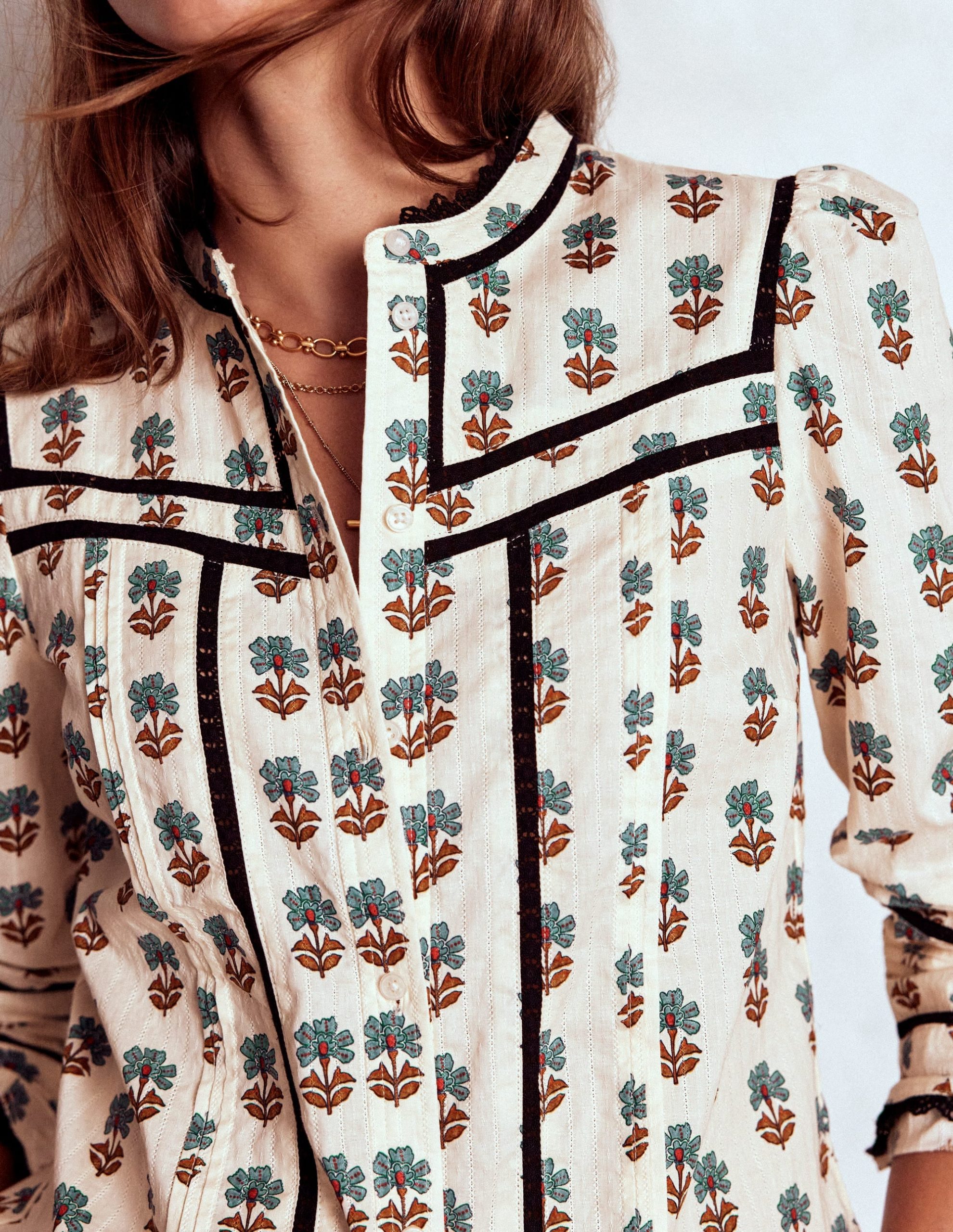 Cotton Lace Trim Top-Ivory. Woodblock Flower - Image 3