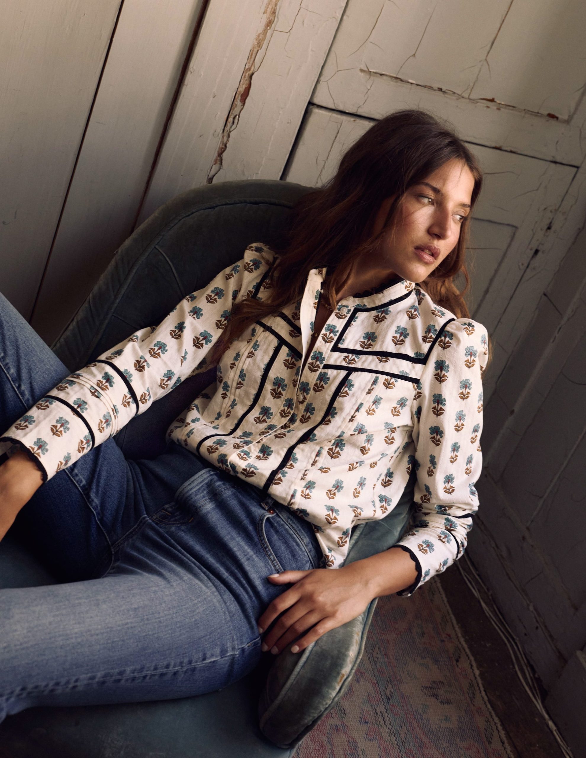 Cotton Lace Trim Top-Ivory. Woodblock Flower