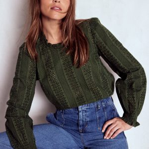 Frill Detail Broderie Top-Forest Glade