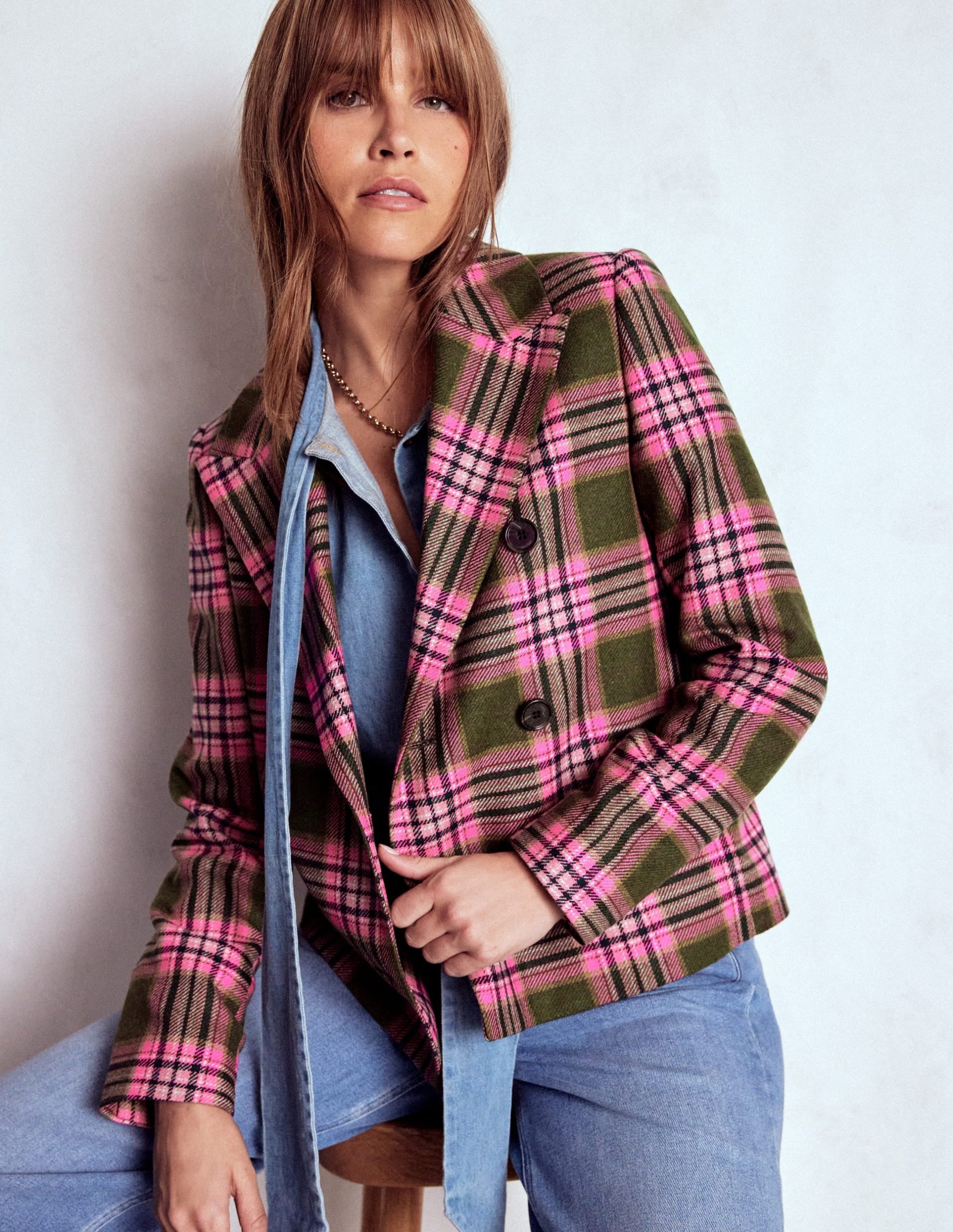 Boxy Double Breasted Blazer-Olive Green and Pink Check - Image 6