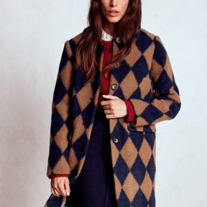 Edinburgh Swing Coat-Camel and Navy Argyle